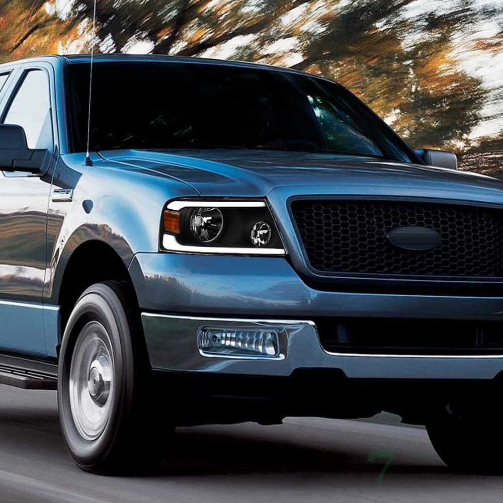 TLAPS 7422444251207 Compatible With 2004-2008 Ford F150 / 2006-2008 Lincoln Mark LT Switchback Sequential LED Strip Bar Black Housing Headlights With Amber Reflector