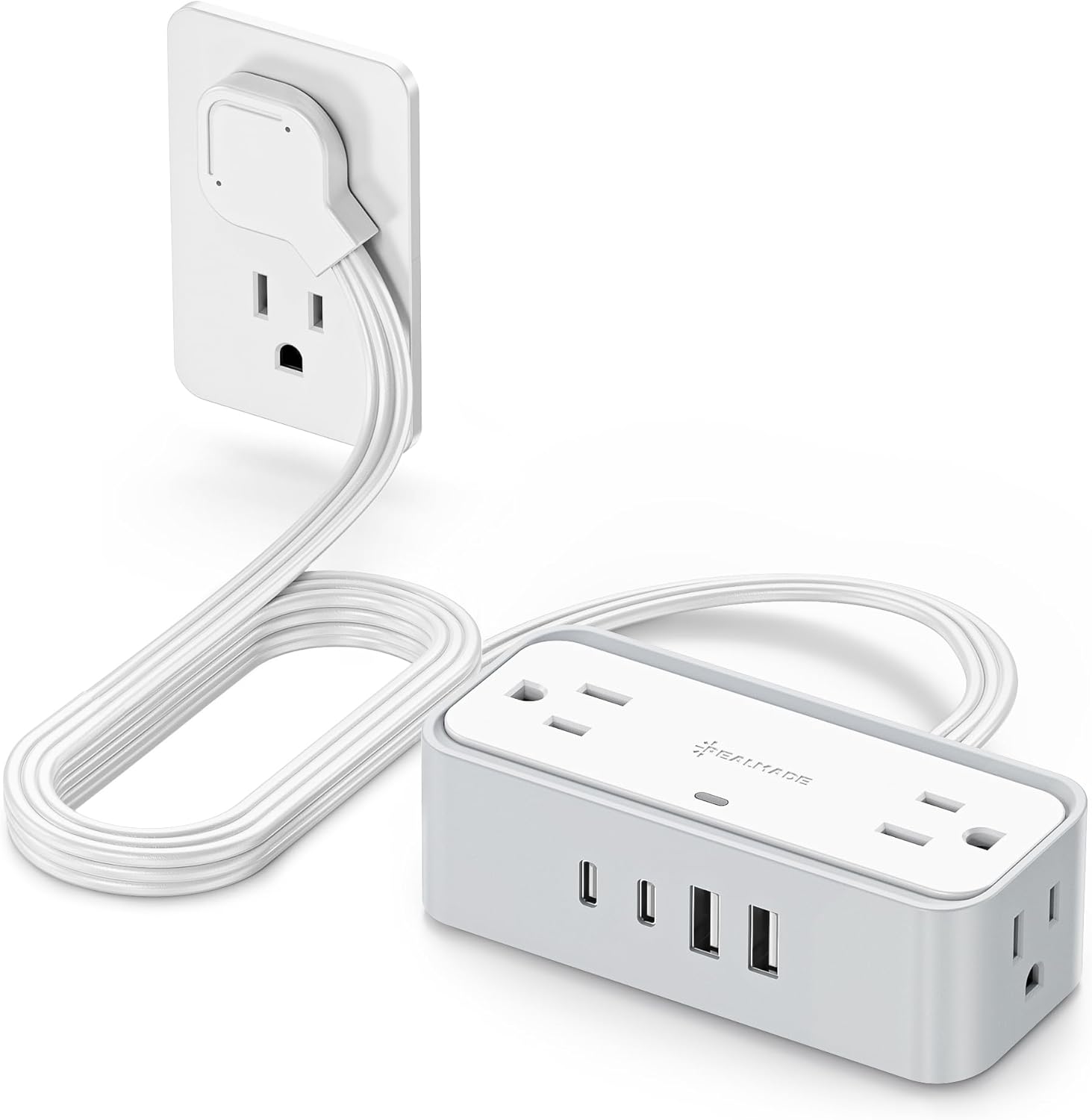 REALMADE 10 FT Flat Plug Extension Cord, 4 AC Outlets 4 USB Surge Protector Power Strip, 950 Joules Protection, Wall Mount Desk Charging for Home Office, White & Gray White & Gray 10Ft