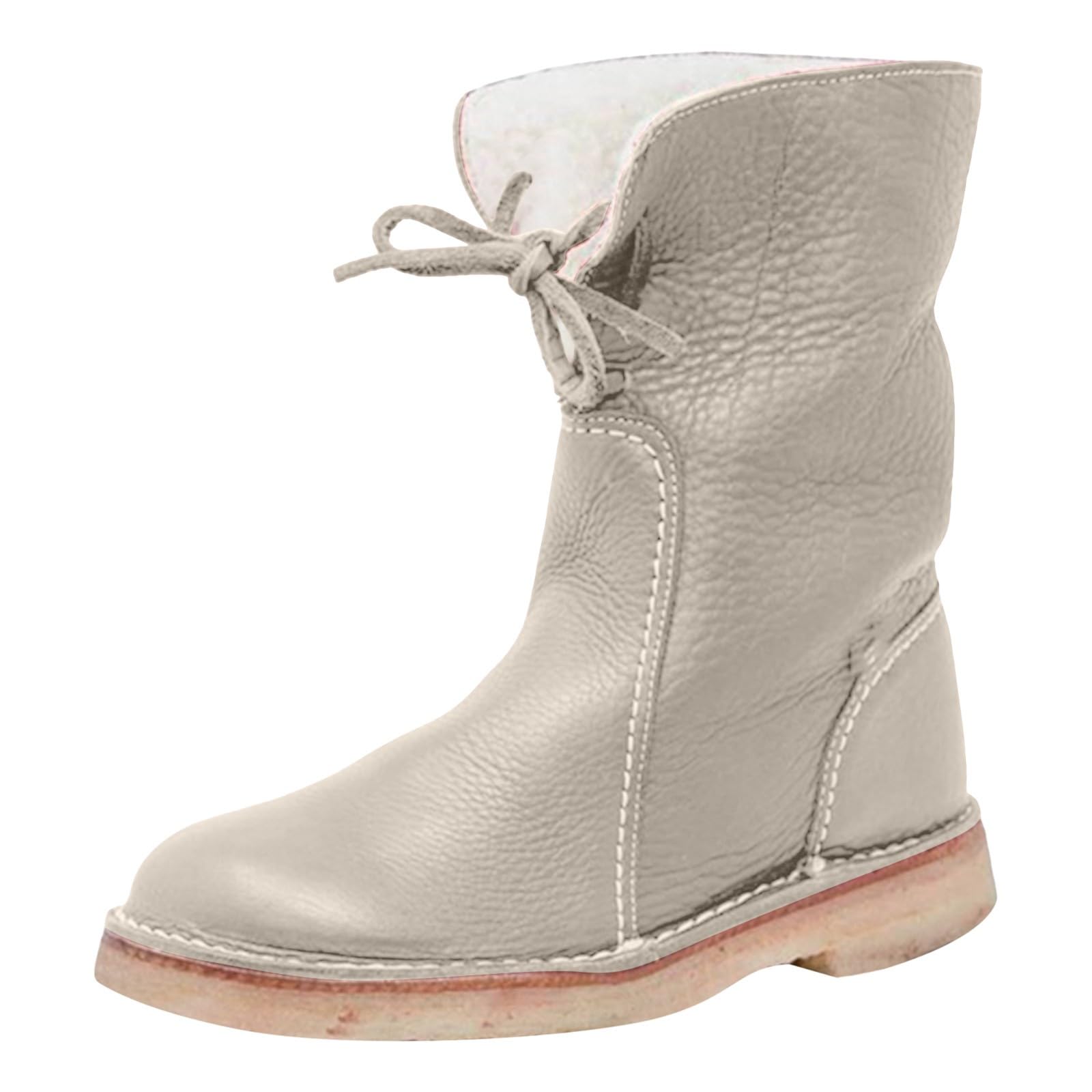 Mid Calf Leather Boots for Women Comfortable Round Toe Flat Booties Winter Casual Warm Slip On Snow Boots