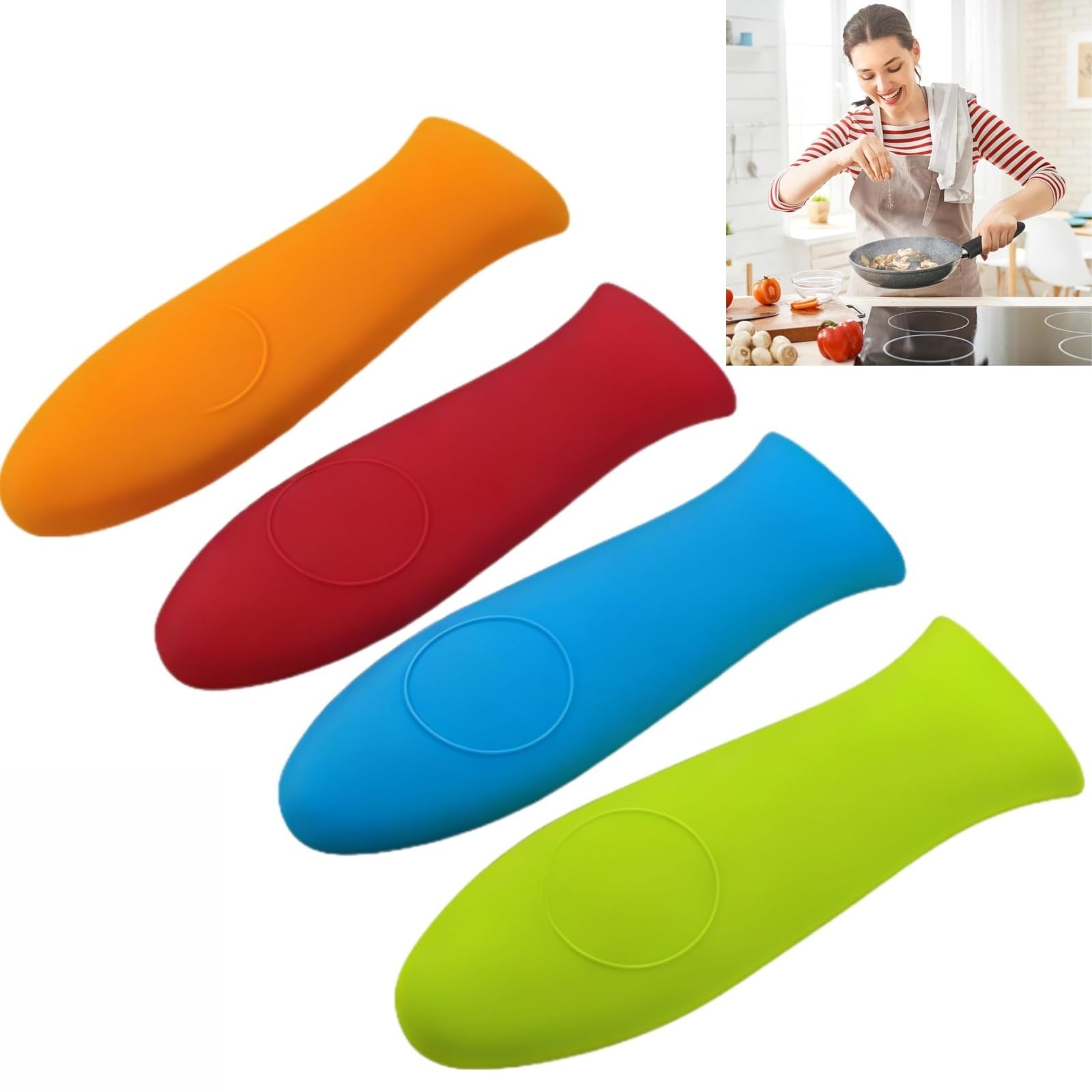 4PCS Silicone Hot Handle Holder, Pan Handle Cover for Metal Frying Pans & Cast Iron Skillets,Non-Slip Pot Holder Sleeve for Saucepan, Baking & Cookware,Washable,Protects Hands (Red+Orange+Green+Blue)
