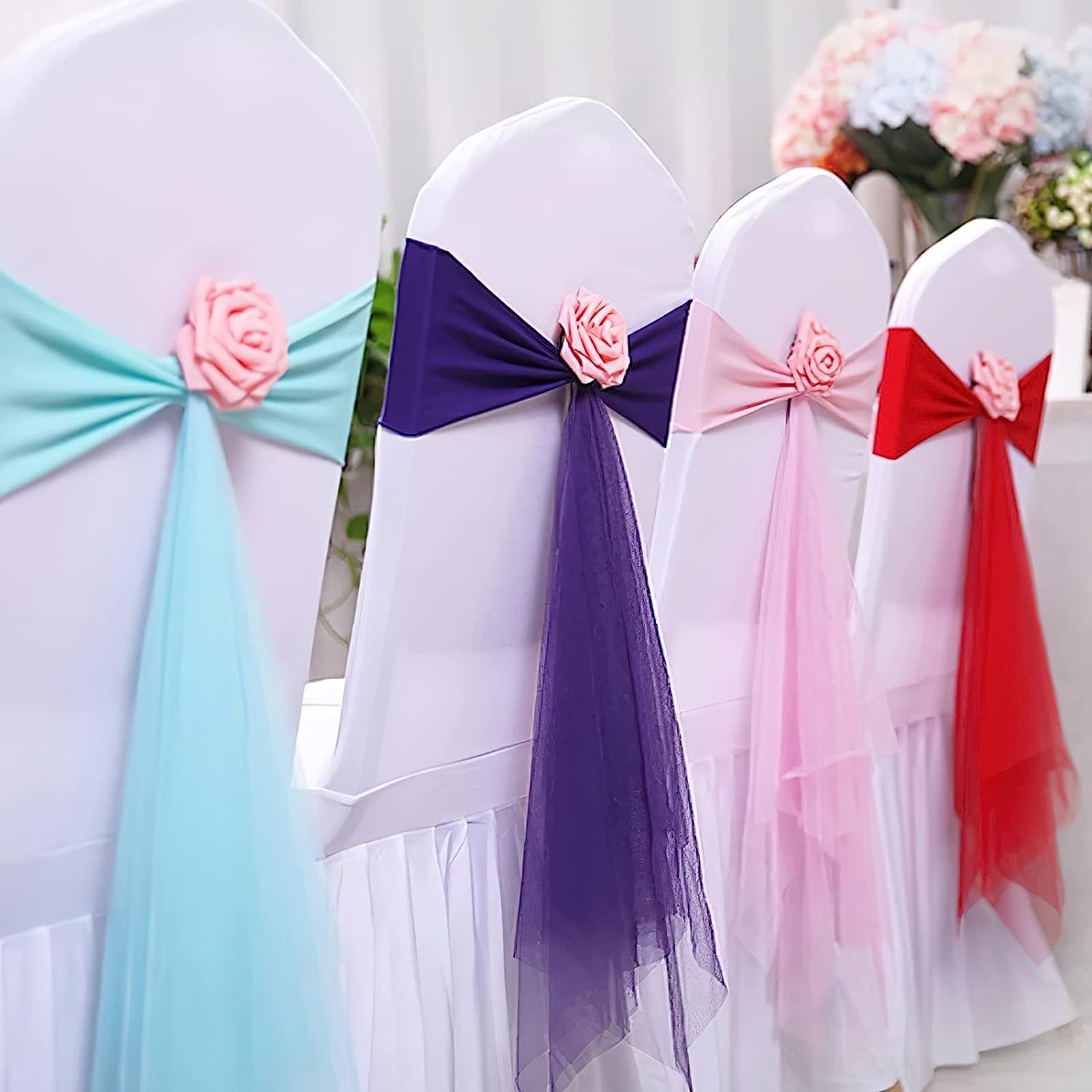 Kokardy na krzesła weselne,Eleganckie szarfy, Szarfa na krzesło Spandex z kulką róży Sztuczne szarfy na krzesła ślubne Muszka na krzesło ślubne Pokrowiec na krzesło Zespół na imprezę, 10 szt(Royal Blu