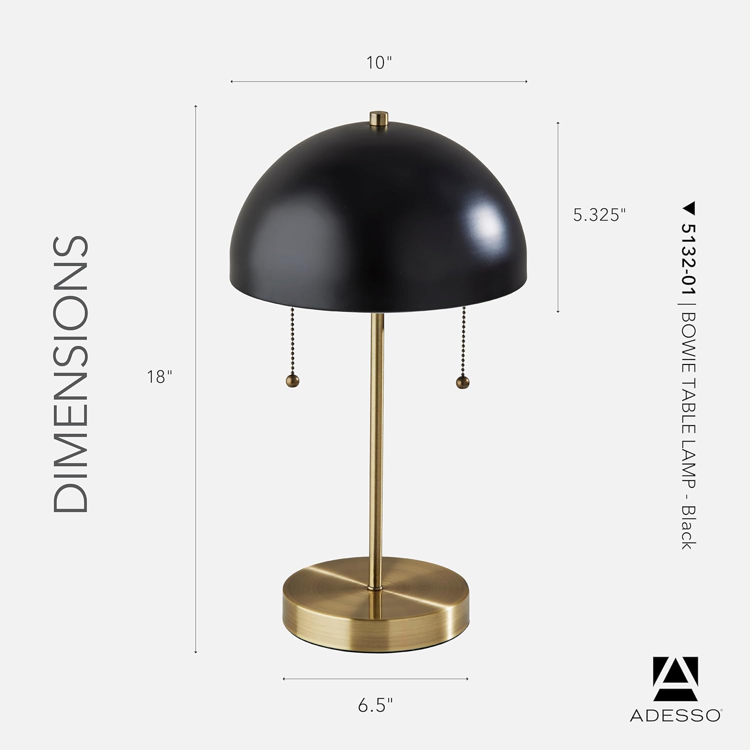 Adesso Table Lamp with Black and Antique Brass Finishes – Two Light Bedside Table, Home Office Accent, or Living Room Decor, 18” x 10”