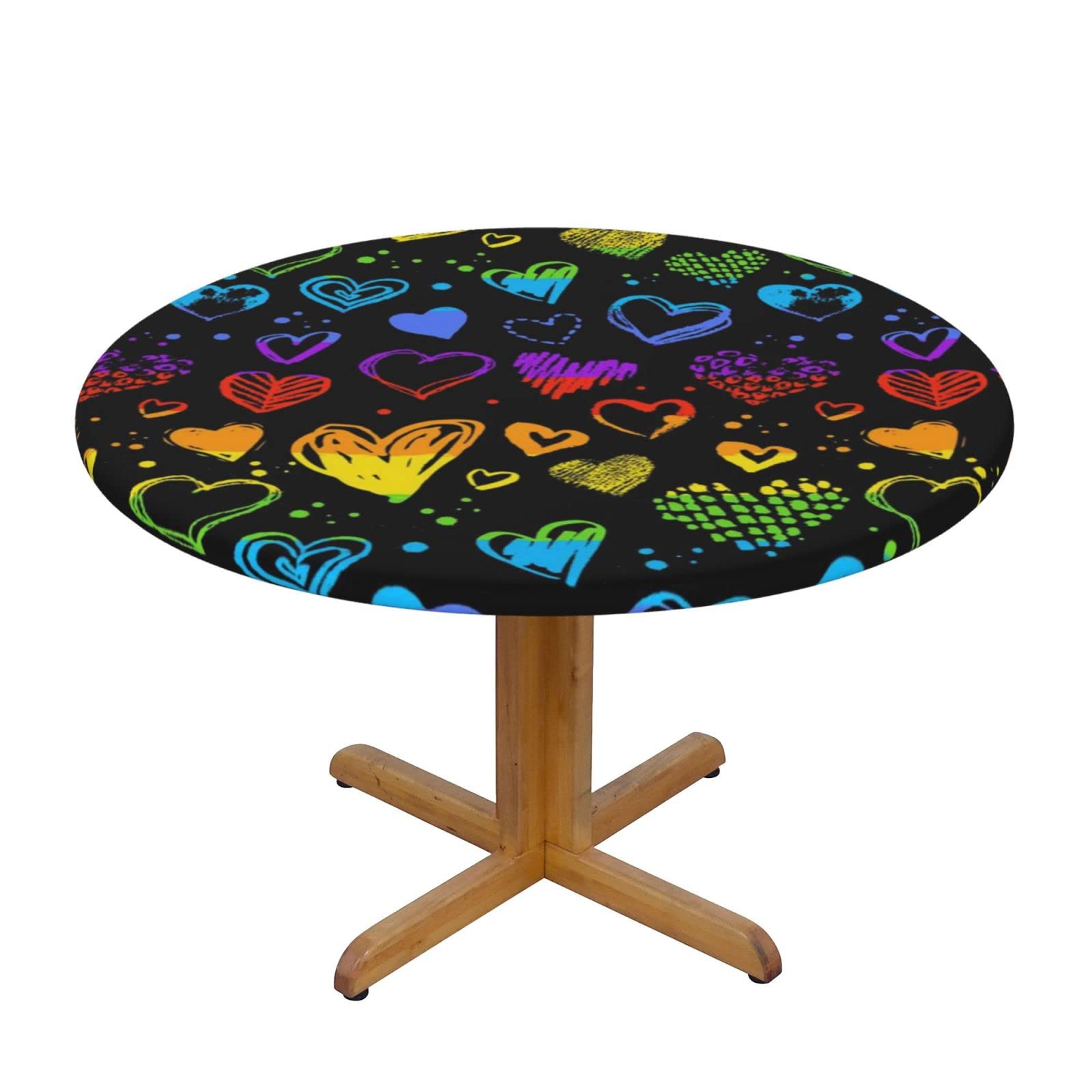 Lsjuee Round Fitted Tablecloth 40-44in Elastic Edged Table Cloth for Kitchen Dining Party Home Decor - Neon Rainbow Valentine Hearts Black