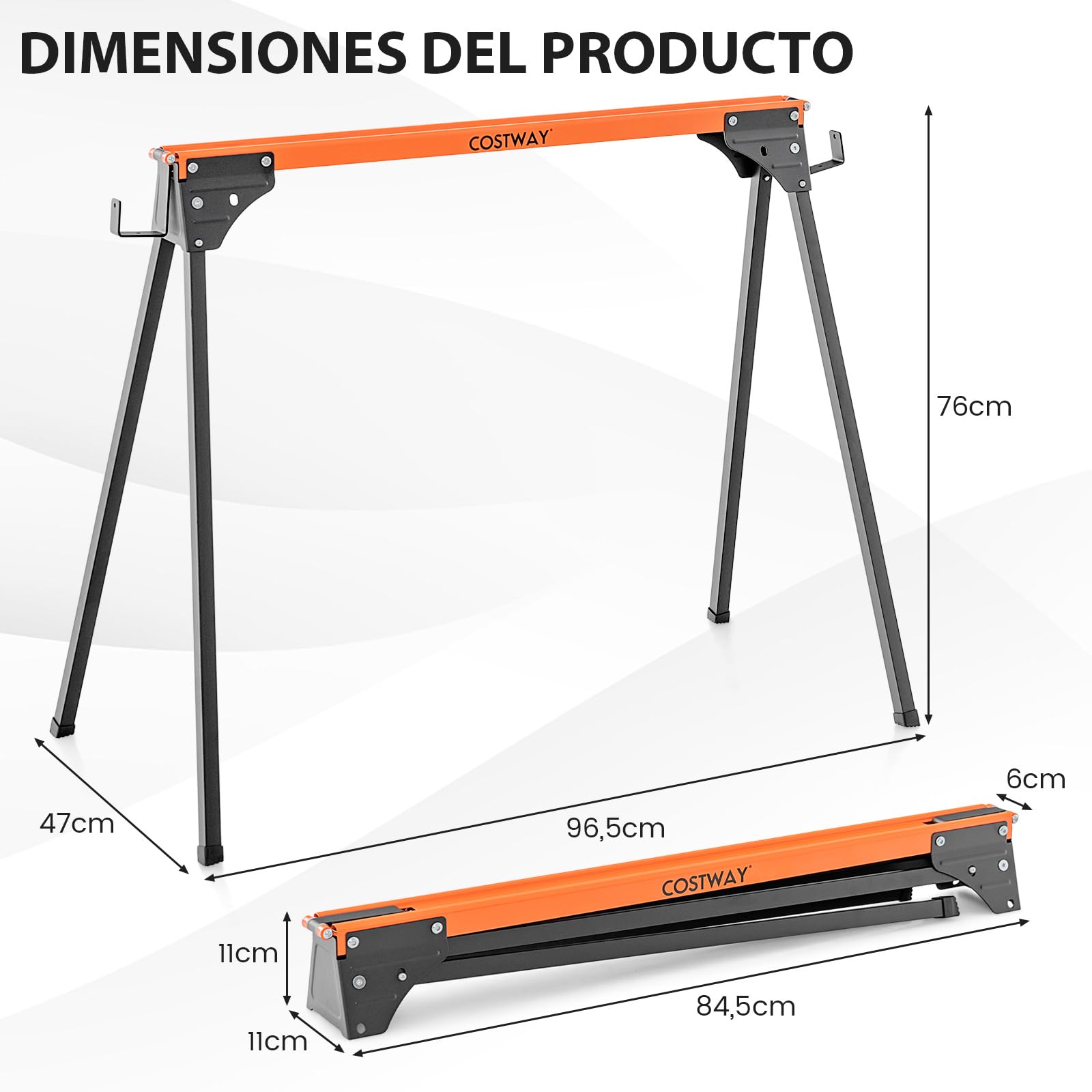 COSTWAY 2 Caballetes de Sierra de Metal, Carga Máxima de 500 Kg, Patas de Apertura Rápida y 2 x 4 Brazos de Soporte, Paquete Doble de Caballete Portátil para Carpintería (96,5 x 47 x 76 cm)