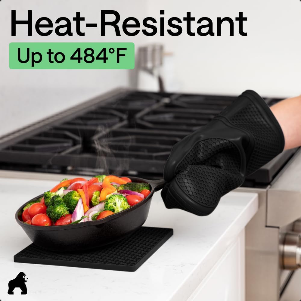 GORILLA GRIP BPA-Free Soft Silicone Oven Mitts and Pot Holders Sets of 4, Heat Resistant Waterproof Cooking Gloves, Thick Cotton Lining, Flexible Gripping for Baking Grilling, Kitchen Trivets, Black - Image 4