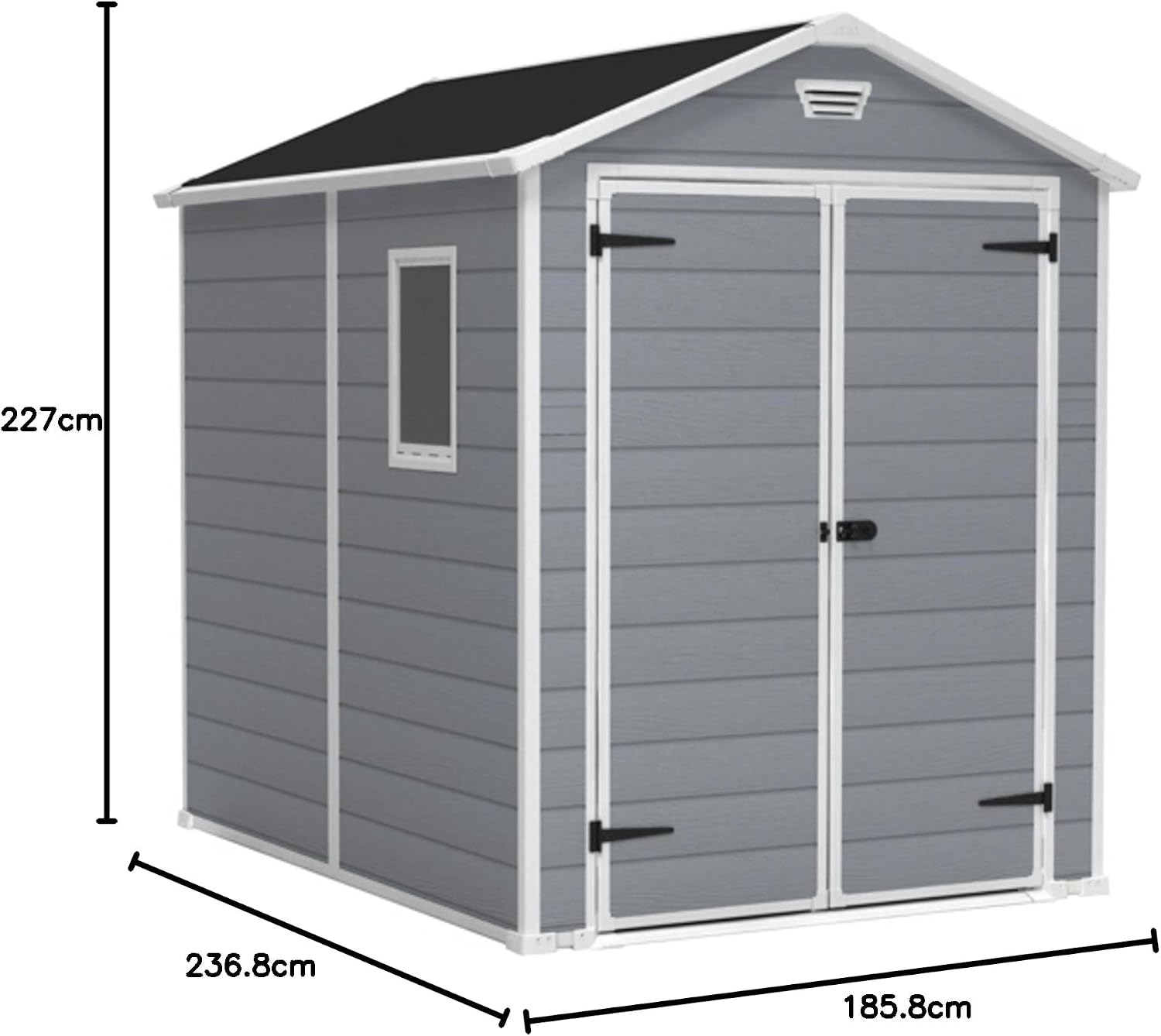 Diagram showing the external dimensions of the Keter Premium 86 Resin Garden Shed: 227cm height, 236.8cm depth, and 185.8cm width.