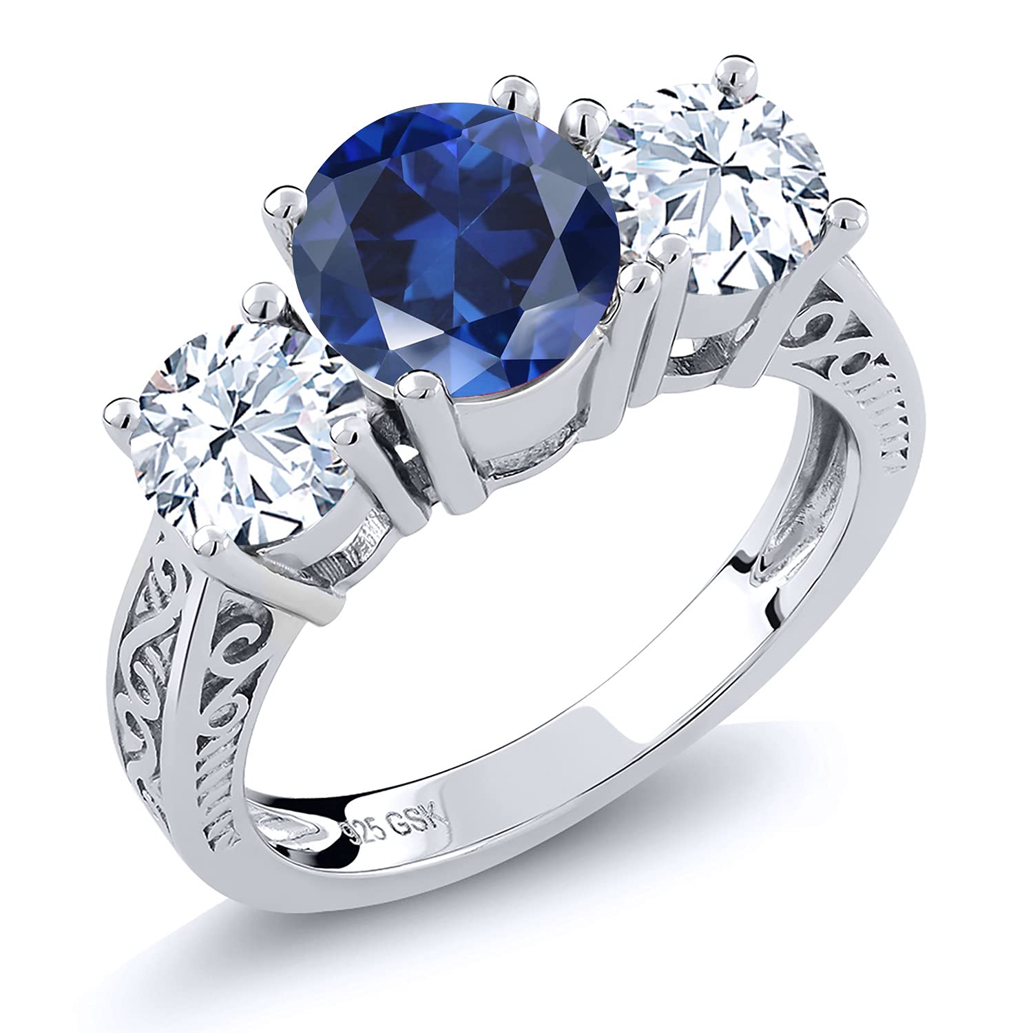 Gem Stone King925 Sterling Silver Blue Created Sapphire 3 Stone Engagement Ring For Women (3.17 Cttw, Available In Size 5, 6, 7, 8, 9)