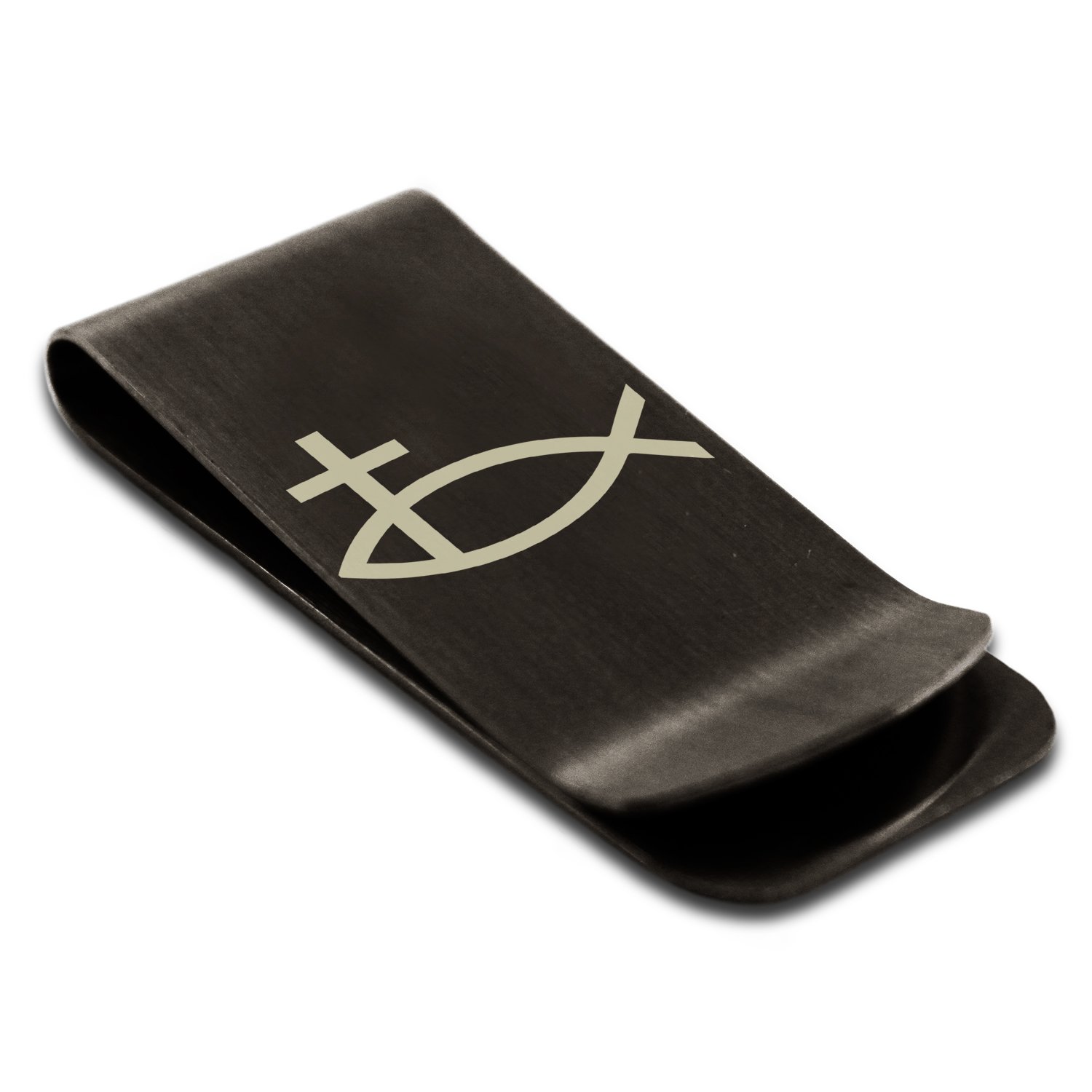 Tioneer Matte Black Stainless Steel Ichthus Cross Fish Symbol Engraved Money Clip Credit Card Holder