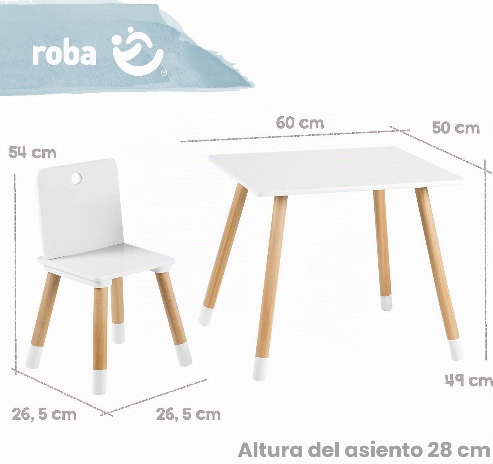 roba Mesa Infantil + 2 Sillas para Niñas y Niños - Patas de Madera Maciza - Juego de Muebles de Asiento - A Partir de 2 Años - Estilo Escandinavo - Natural / Blanco