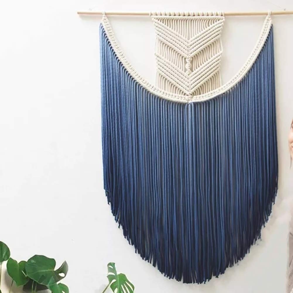 Macrame Woven Wall Hanging, Nordic Boho Handmade Tassel Dyeing Tapestry Home Wall Art Decor-Blue W50xH80cm