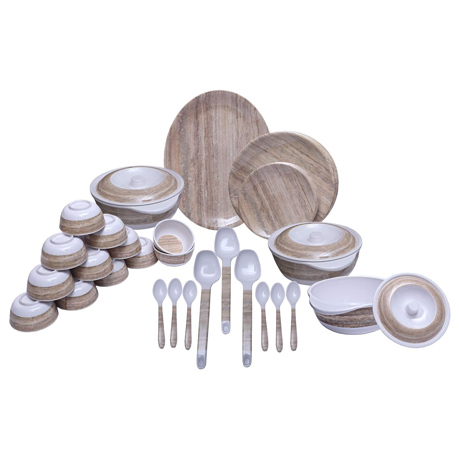 Service de table rond en mélamine 40 pièces blanc et bois pour cuisine