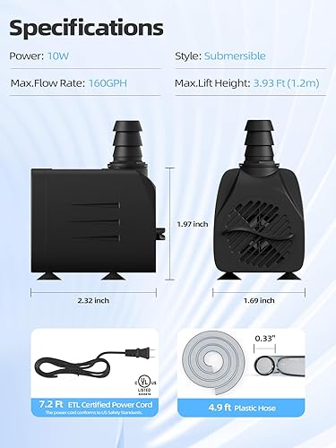 Miniatura 2 de Bomba de agua sumergible de 160 GPH (600 LH, 10 W), bomba de fuente duradera para exteriores con tubo de 4.9 pies para acuarios, pecera, fuente de