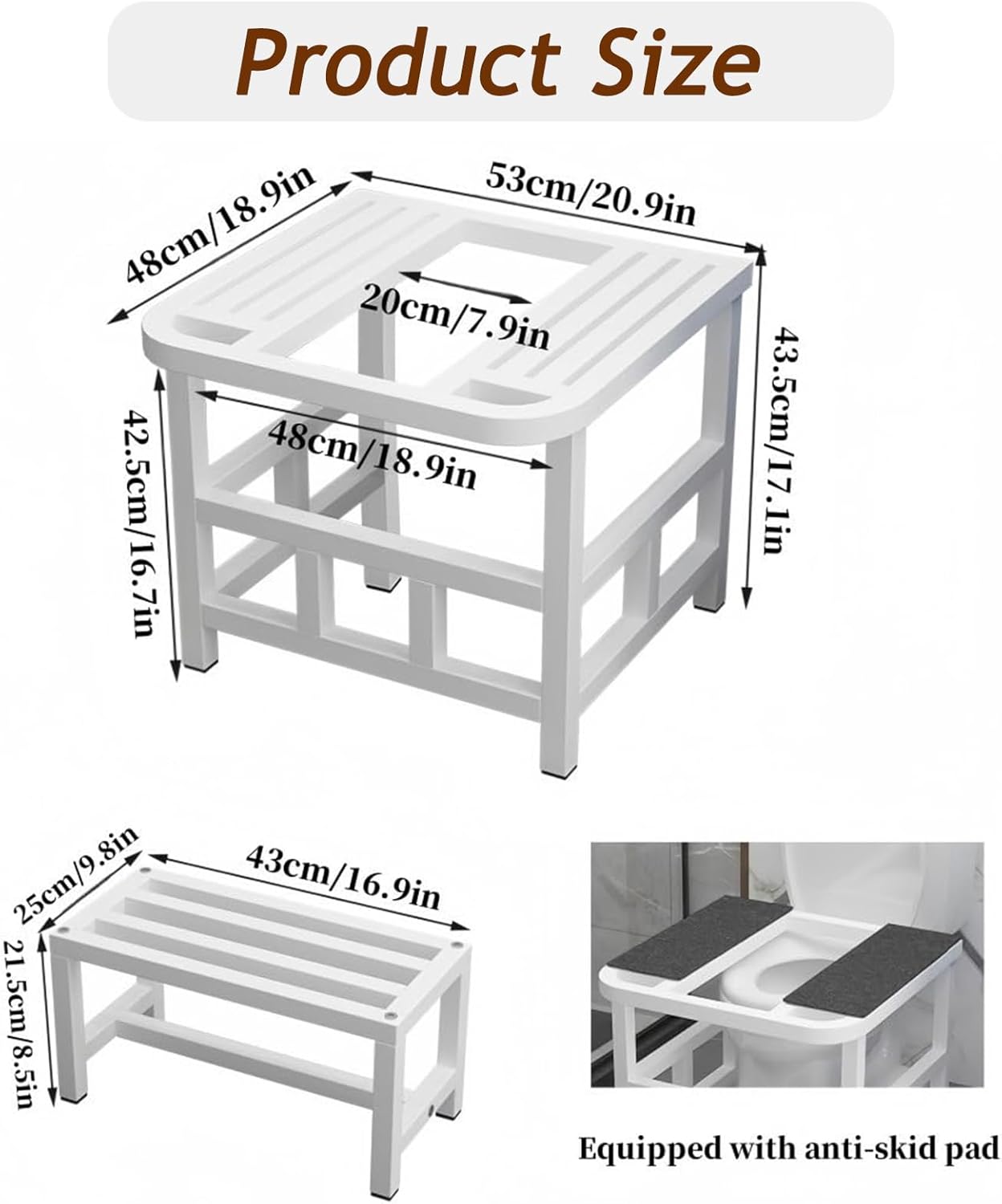 Squat Toilet Converter Frame with Footstool, Toilet to Squat Toilet Transition Aid, Reinforced Arc Design Ergonomic Pit Frame with Non-Slip Pads for Seniors(20.9"W x 18.9"D x 17.1"H, White)