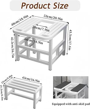 Squat Toilet Converter Frame with Footstool, Toilet to Squat Toilet Transition Aid, Reinforced Arc Design Ergonomic Pit Frame with Non-Slip Pads for Seniors(20.9W x 18.9D x 17.1H, Black)