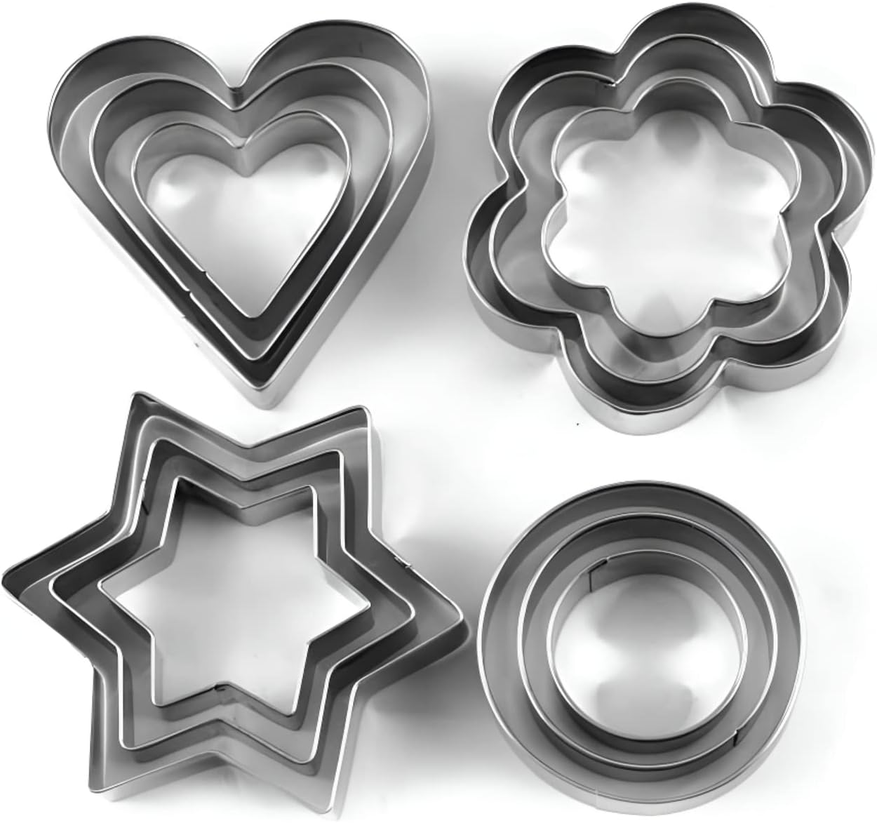 12 Stainless Steel Shapes Including Round, Heart, Star, and Flower for Baking Biscuits and Mini Molds