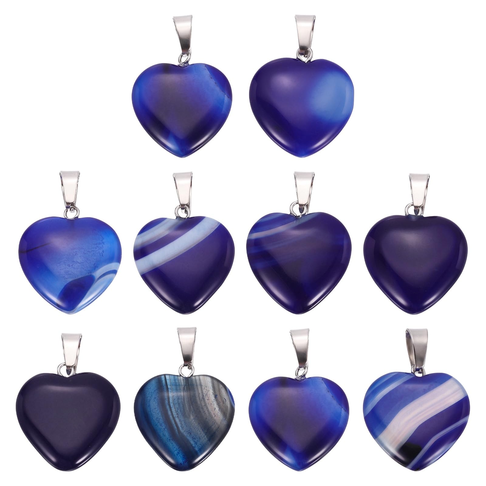 sourcing map 10 Pcs Heart Stone Pendants, 20mm Natural Crystal Valentine Love Heart Pendants Striped Dark Blue Love Charm Worry Stones for Meditation Energy DIY Necklace Jewelry Making
