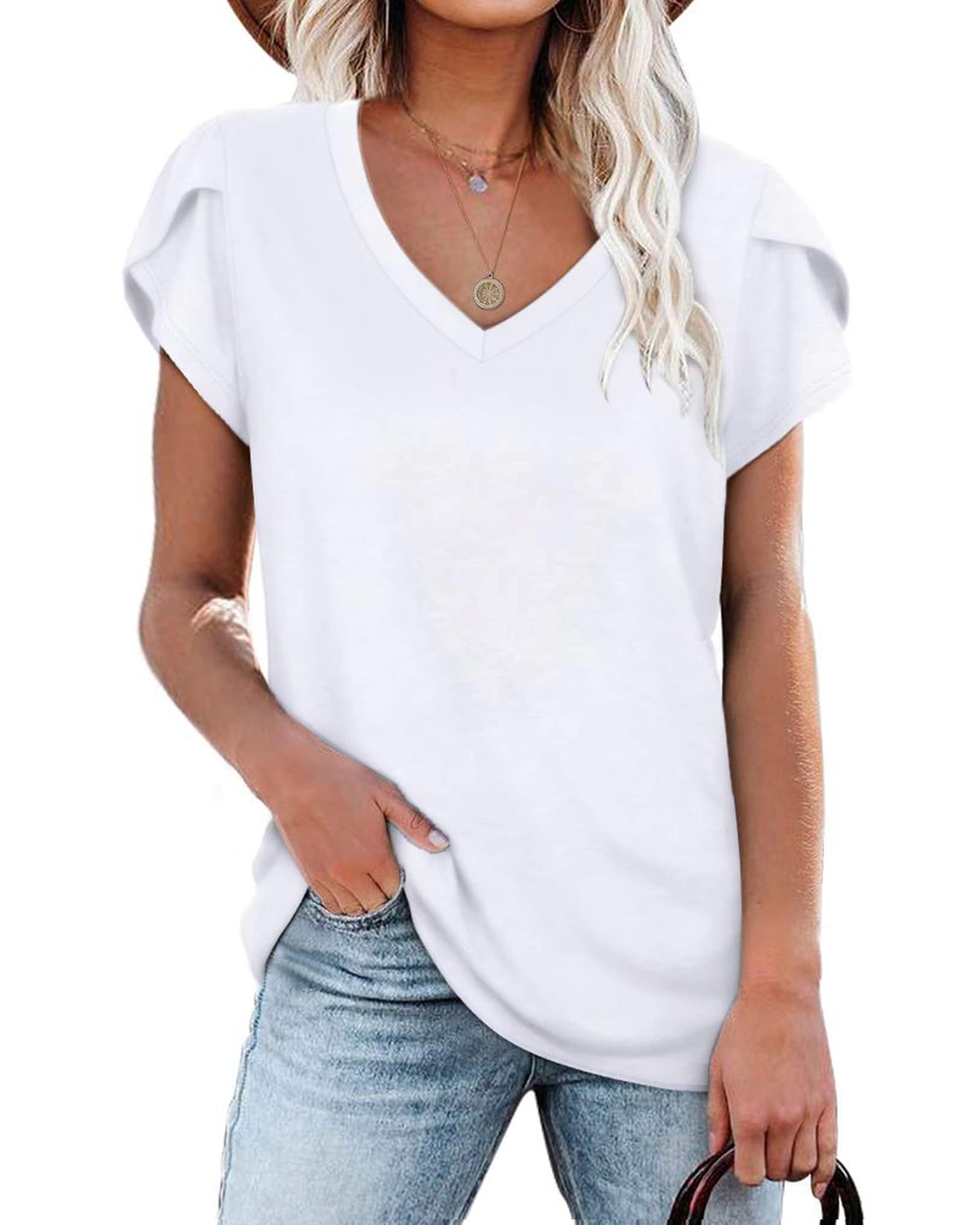 WNEEDU Summer T Shirts Women Tops Casual V Neck Shirts Petal Short Sleeve Tee Tops 2025 Basic Blouse
