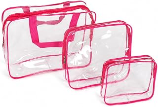 透明コスメバッグ 防水 旅行用 PVC, ローズレッド;3点セット | 中身を確認しやすい透明仕様、PVCと布と金属を使用、旅行や出張時の化粧品収納、スキンケア用品やメイク用品の整理、化粧品入れ、整理整頓