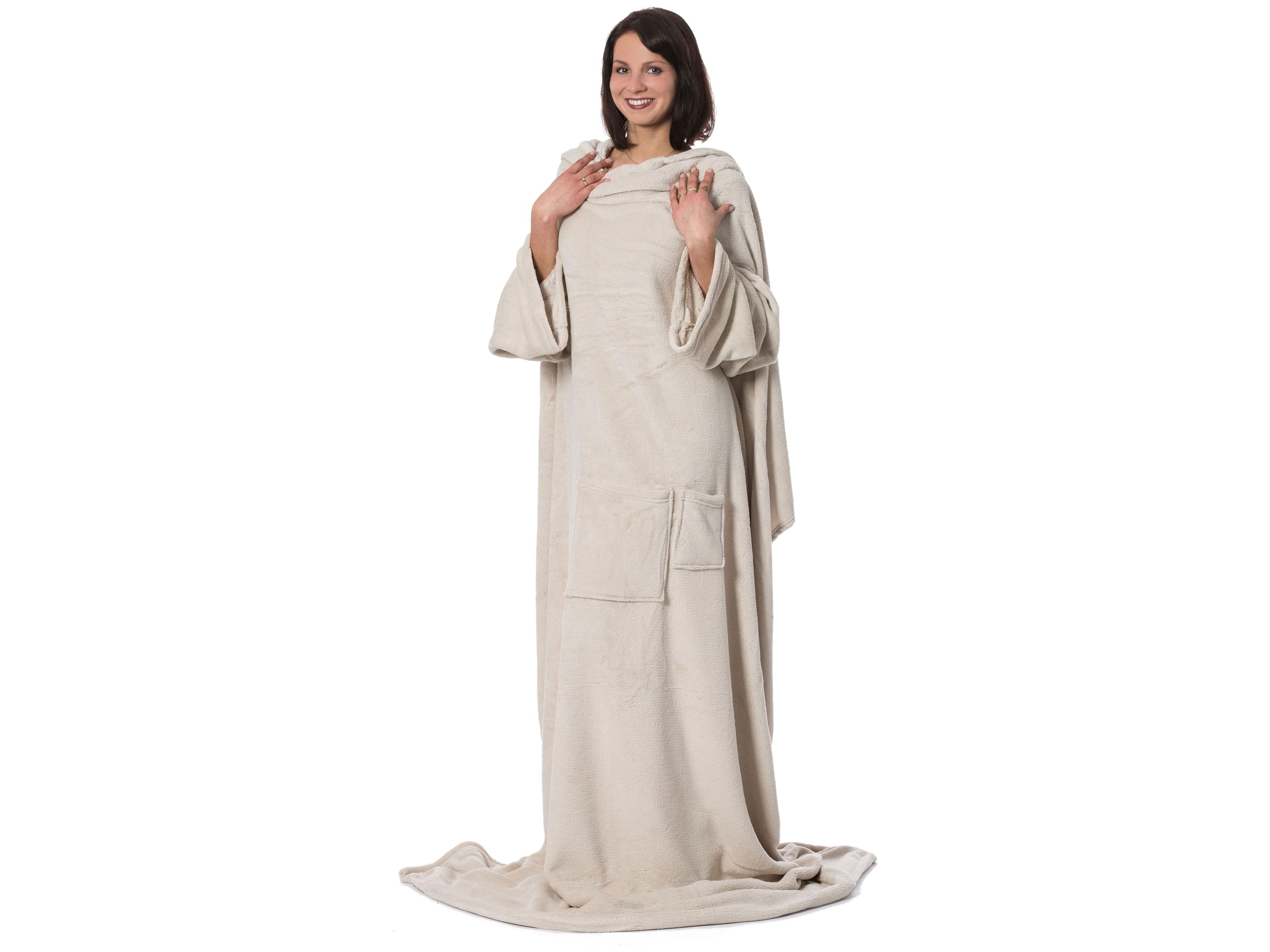 ZOLLNER Manta con Mangas: Manta para sofá Muy acogedora y cálida, Color Beige, 170 x 200 cm, con Bolsillos, Lavable a 95 °C, Calidad hotelera, certificación Oeko Tex®