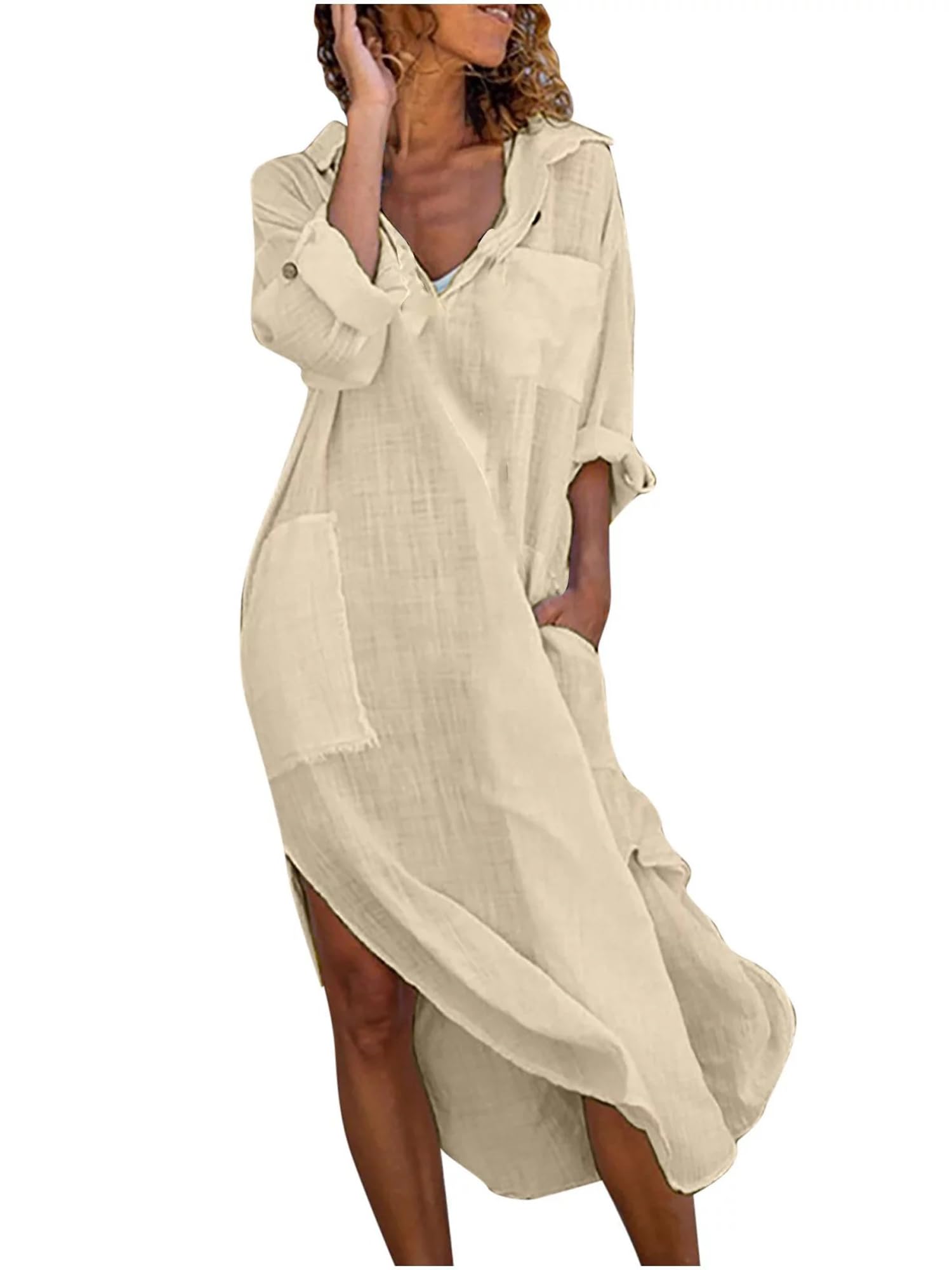 Acrawnni Women's Summer Loose Maxi Dress Solid Color 3/4 Sleeves Round-Neck Tie Front Long Tunic Dress Casual Boho Sundress (B-Yellow, M)