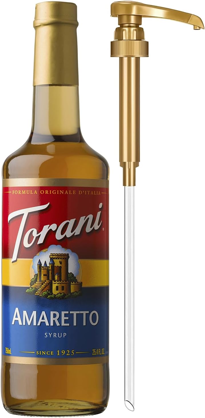 Coffee Syrup, Amaretto Flavoring for Drinks, Glass Bottle with Pump Included, 25.4 Fl Oz