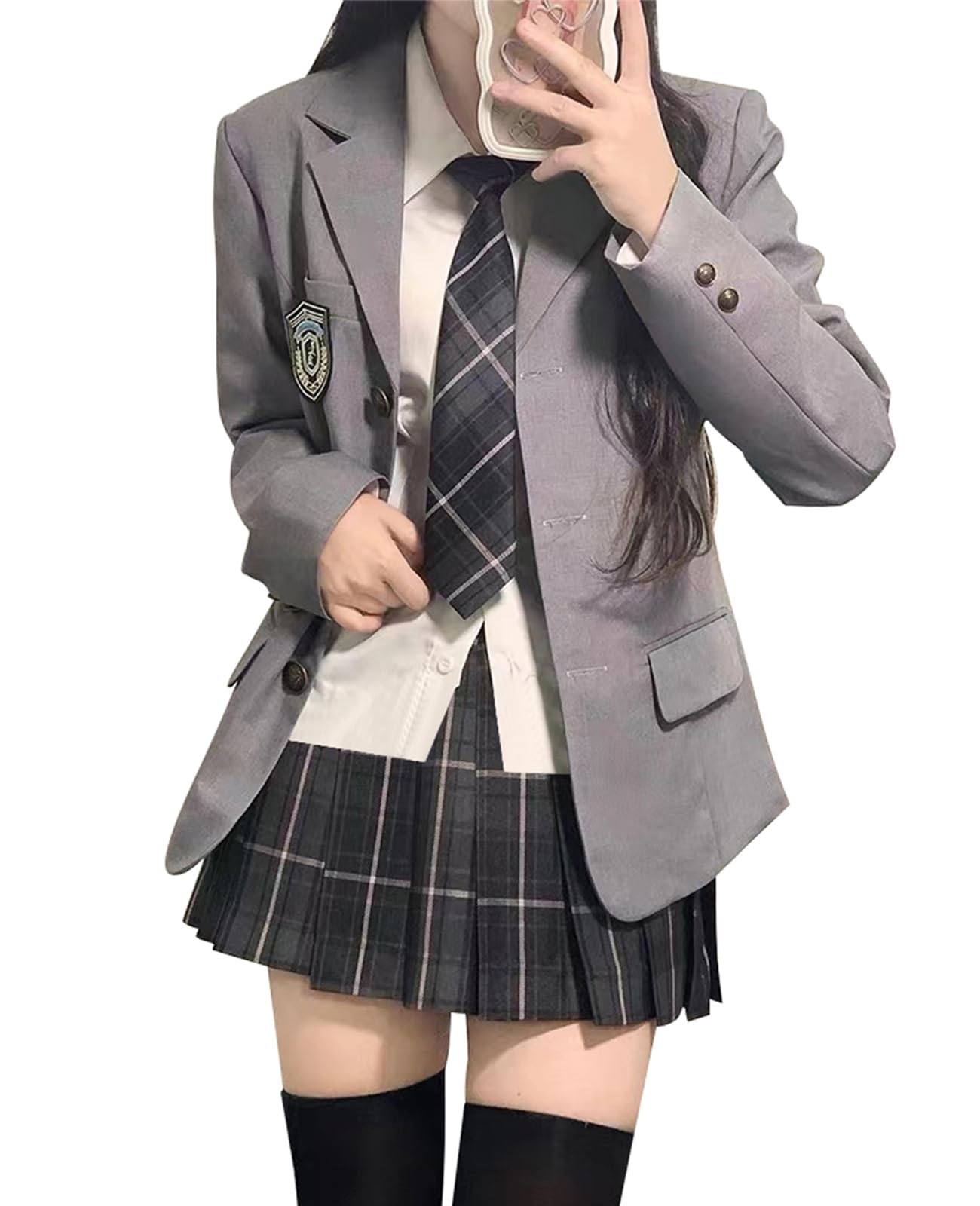 KALAOK Women's Uniform, Cosplay, Blazer, Schoolgirl Uniform, 5-piece Set, Skirt, Shirt, Necktie, Badge, Graduation Suit, School Festival, Cultural Festival, Halloween, Costume - Medium - gray