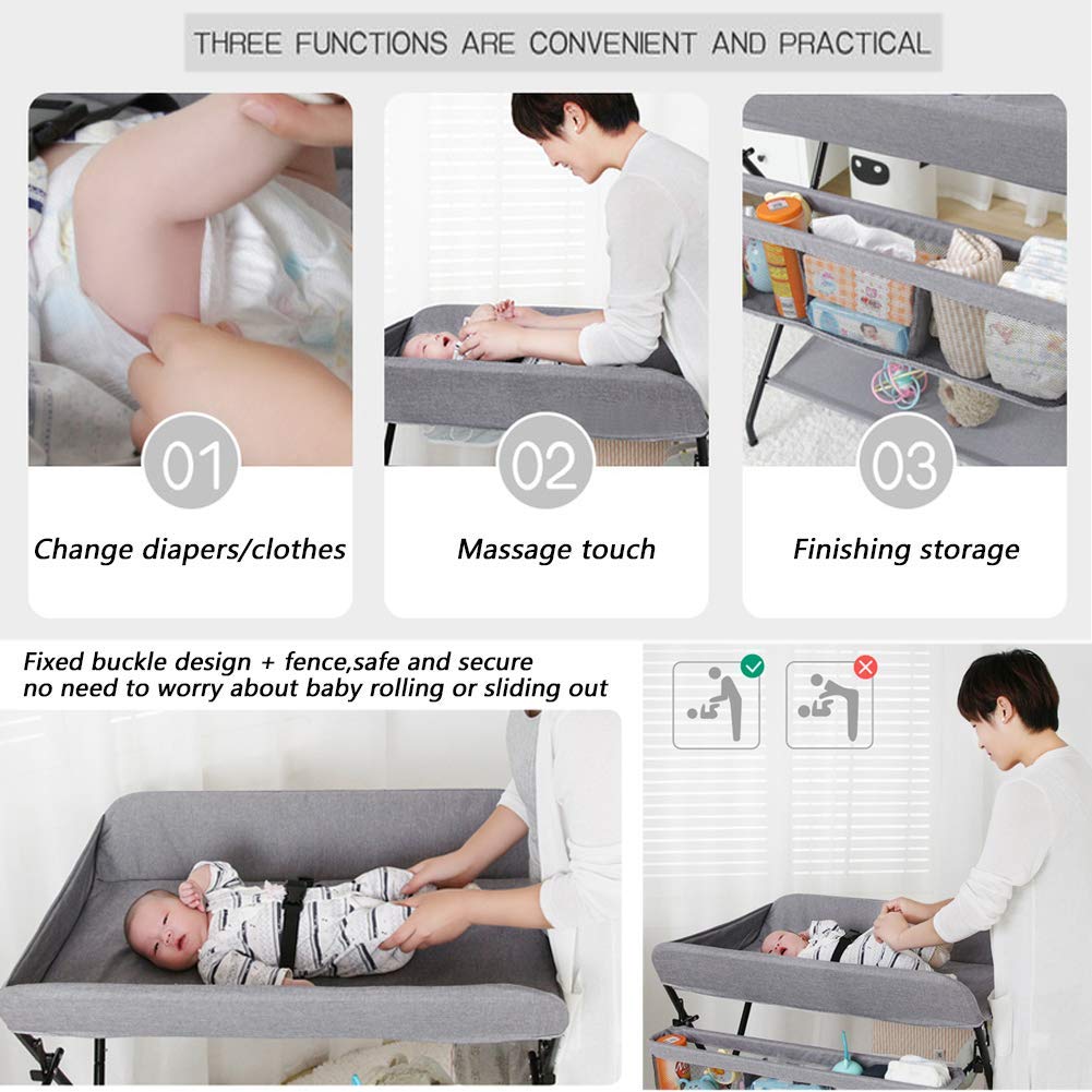 Fasciatoio Baby Care Station, Lettino Pieghevole per Massaggi Neonato, Organizer per Asilo Nido con Gambe Incrociate Stile Grigio