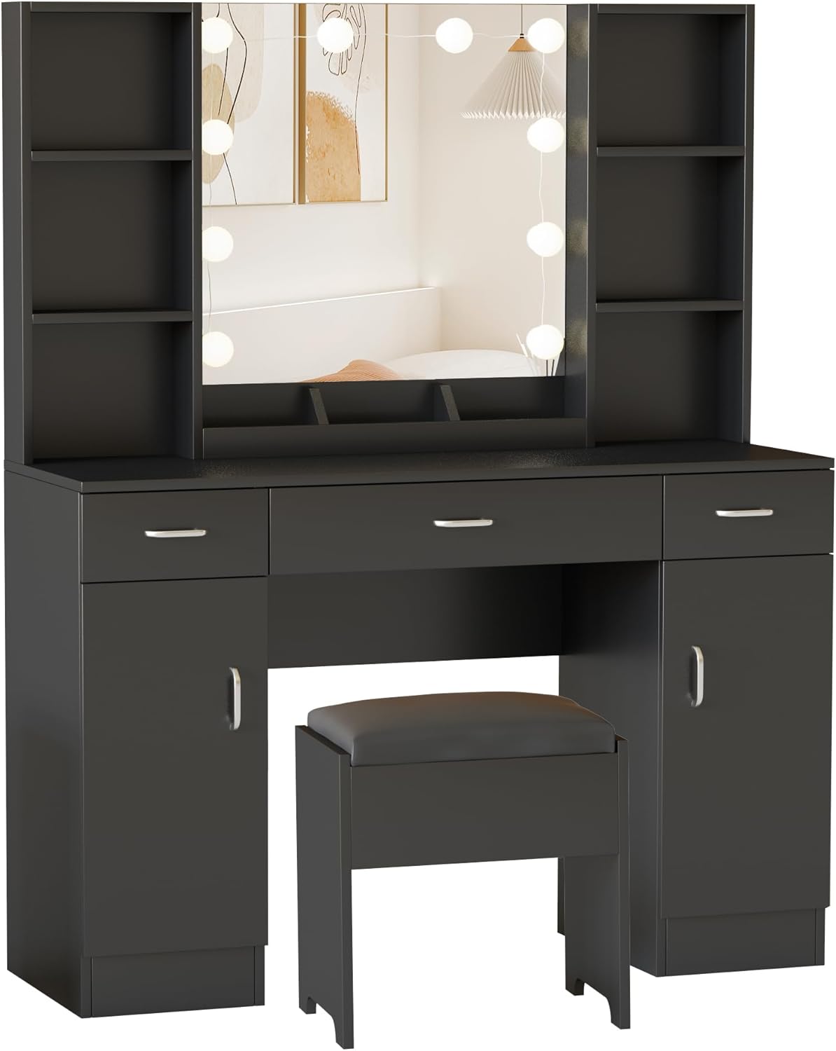 Vabches Makeup Vanity Table with Lighted Mirror & Power Strip, Large Vanity Set Vanity Desk with Storage Stool, 3 Lighting Modes, Brightness Adjustable, 45.2in(L)