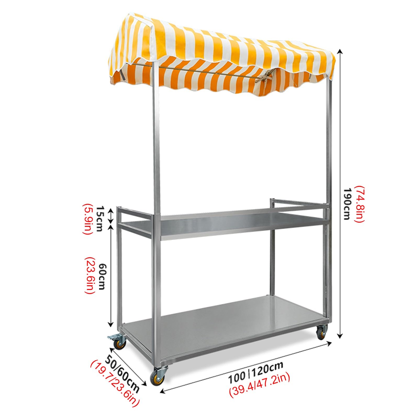 Carrello alimentare mobile pieghevole su ruote, chiosco per venditori di merci in metallo, espositore per snack a 2 livelli per mercato degli agricoltori, bancarella alimentare portatile (blu, 100 x