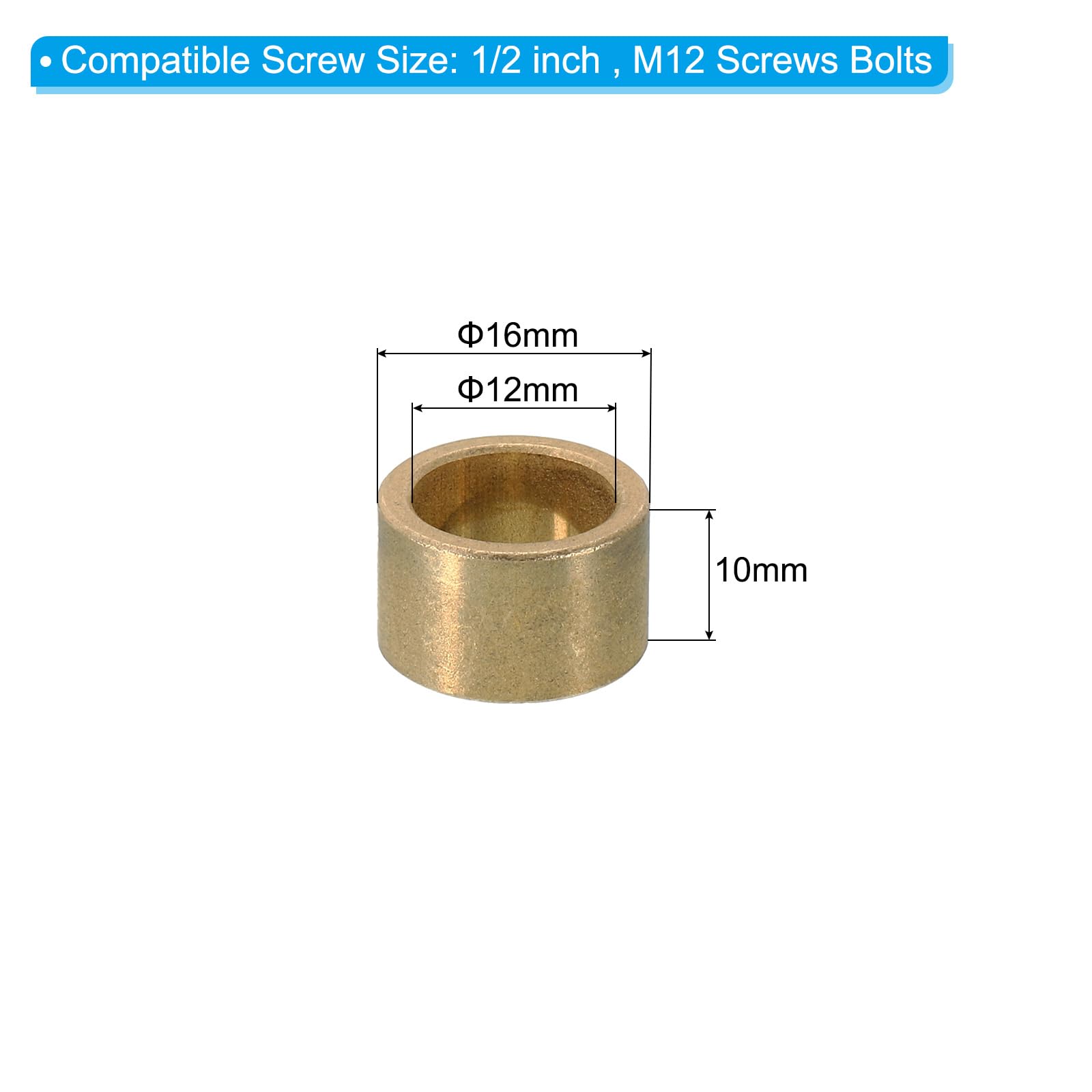 PATIKIL M12 Brass Spacers, 4 Pcs Metal Spacer Brass 12mm ID x 16mm OD x 10mm L Brass Spacers Screw Standoff for 1/2 Inch or M12 Screw - Image 2