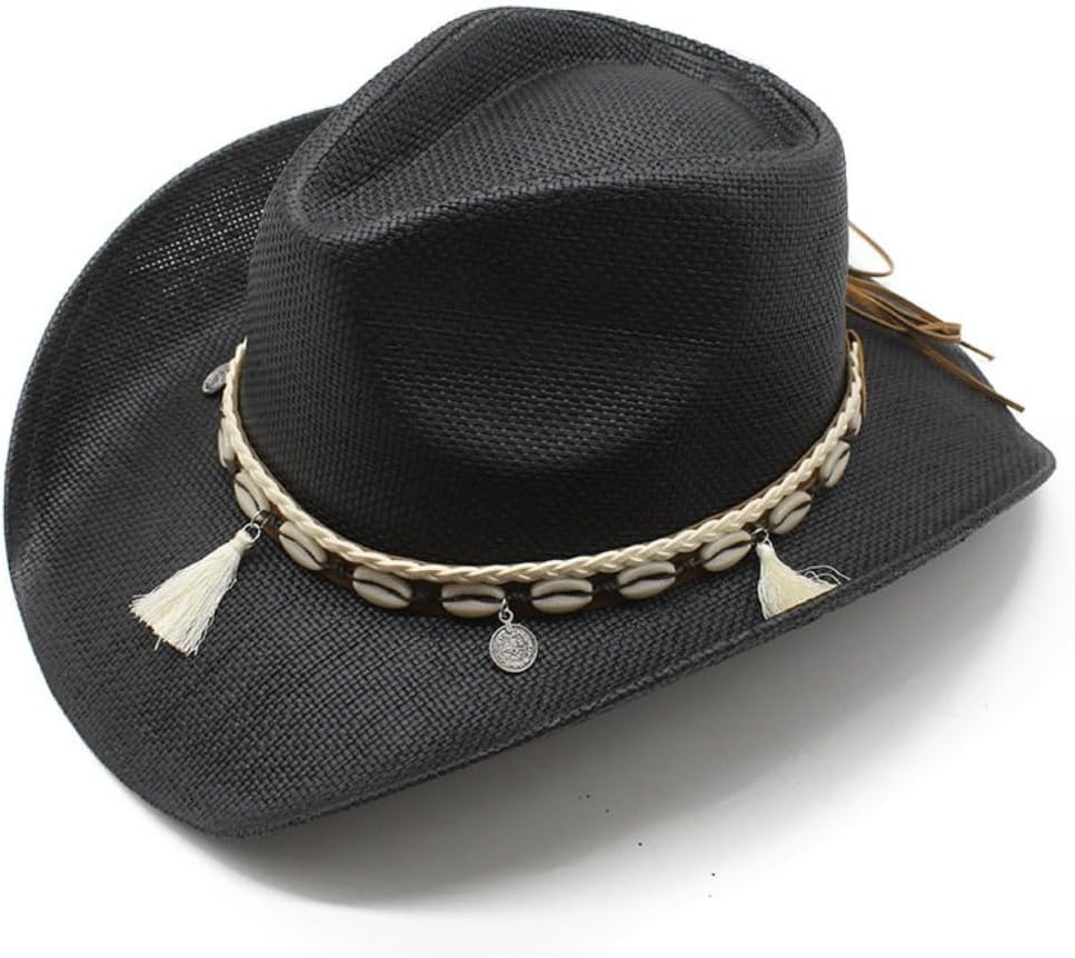 Western Cowboy Hat with Shell Band and Tassel, Straw Woven, Khaki Brown