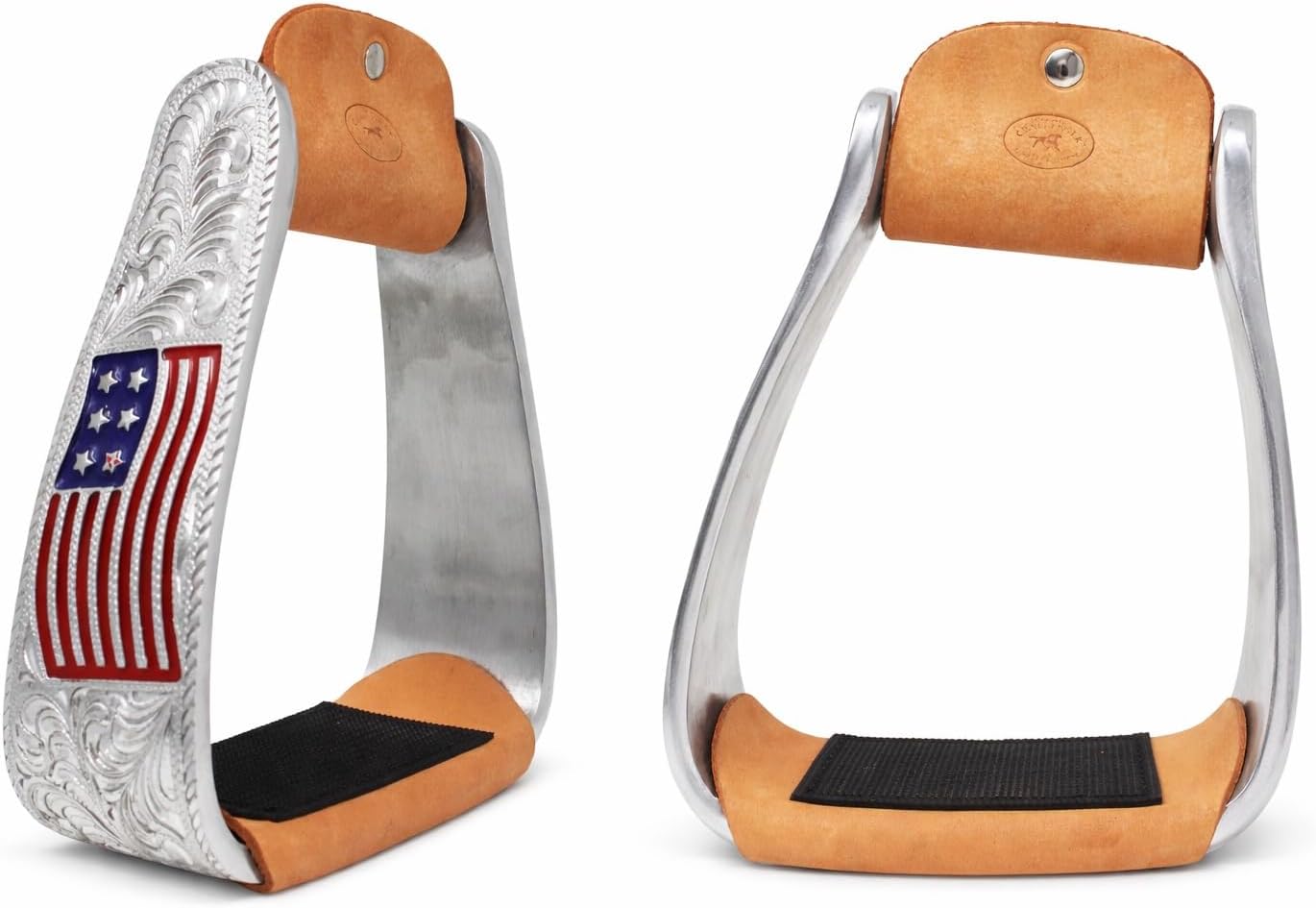 CHALLENGER Horse Western 5" Patriotic American Flag Engraved Aluminum Angled Stirrups 51232