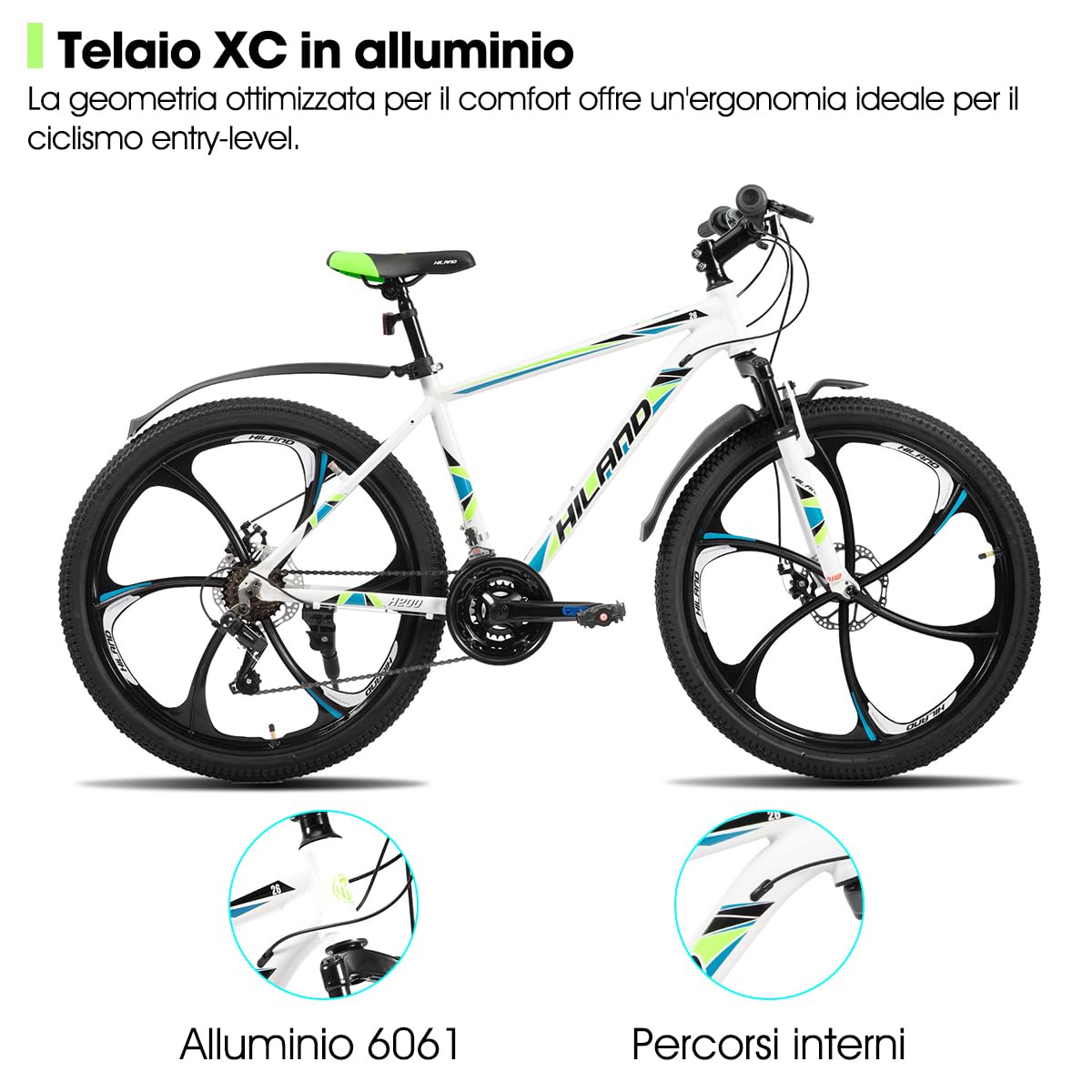 Hiland Mountain bike per adulti da 26 pollici, freni a disco anteriori e posteriori, 3/6 raggi, 18 velocità, unisex, forcella ammortizzata, telaio in alluminio leggero