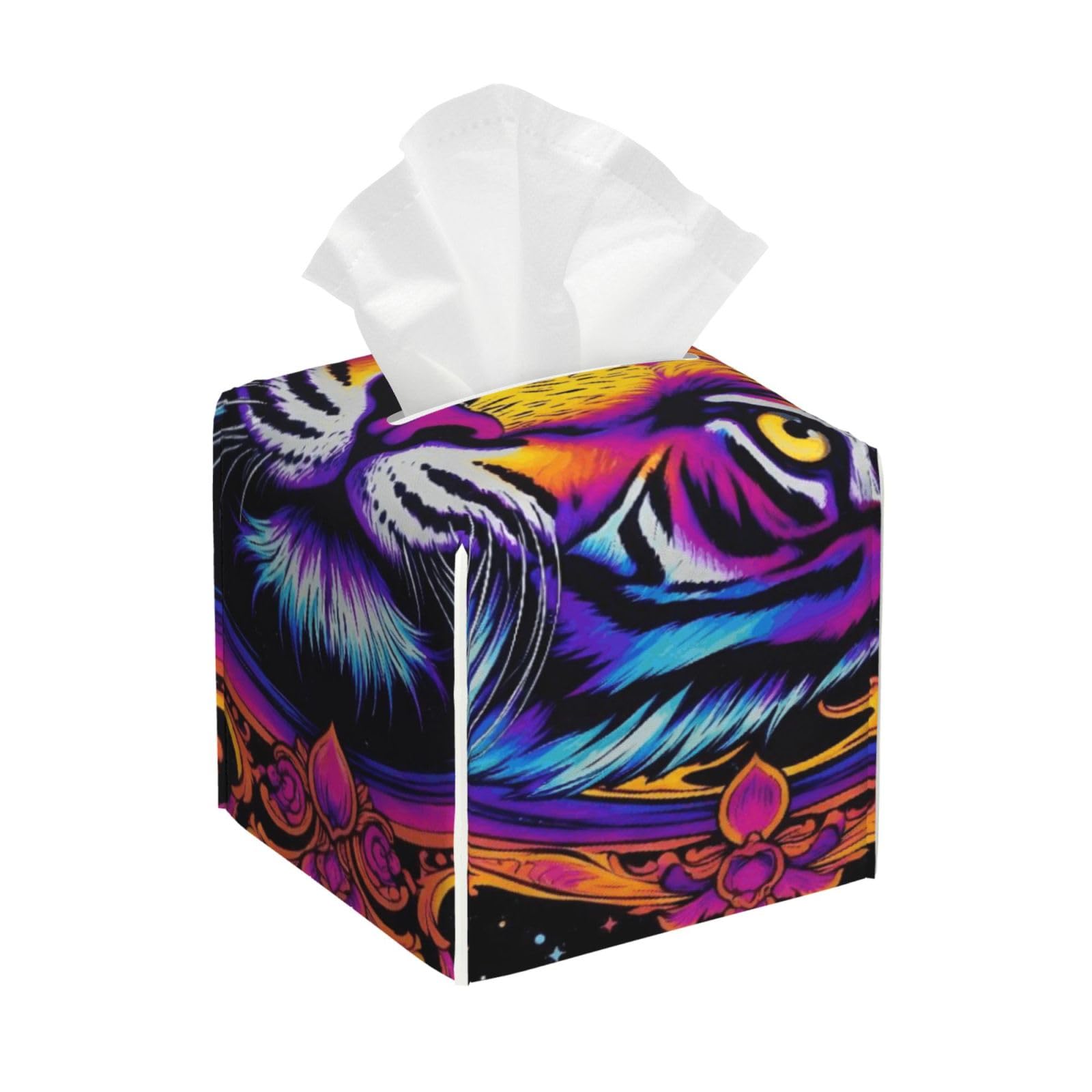Magical Animal King Tiger Art Leather Tissue Box Cover Holder Square Facial Paper Organizer 5.2" X 5.2" X 5.2"