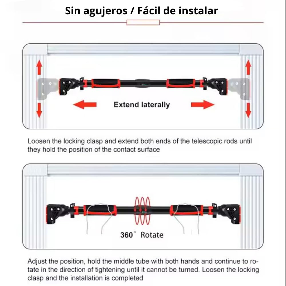 Barra de dominadas Ajustable 72cm - 110cm, Barra Dominadas sin Tornillos, hasta 200 kg, Dominadas en Casa de Agarre Seguro, Antideslizante, de pared, Entrenamiento Físico