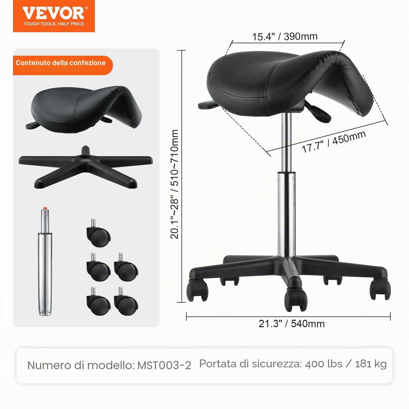 VEVOR Sgabello a Sella Altezza Regolabile 510-710mm Senza Schiena Capacità Carico Max. 181kg per Ufficio Salone Studio Parruccheria, Sedia a Rotella da Lavoro Girevole 540 x 540 x 510 mm per Ufficio