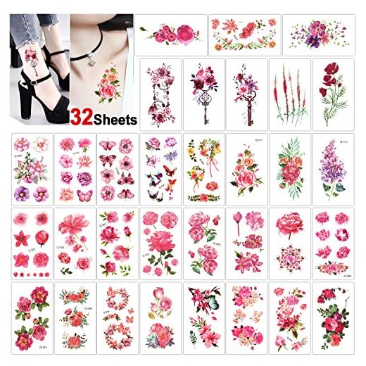 Konsait Tatuajes temporales para Adultos Mujer Niños (32 Hojas), Impermeable Flor Tatuaje Temporal Adhesivos Tatuajes de Cuerpo temporales Brazo Cuello
