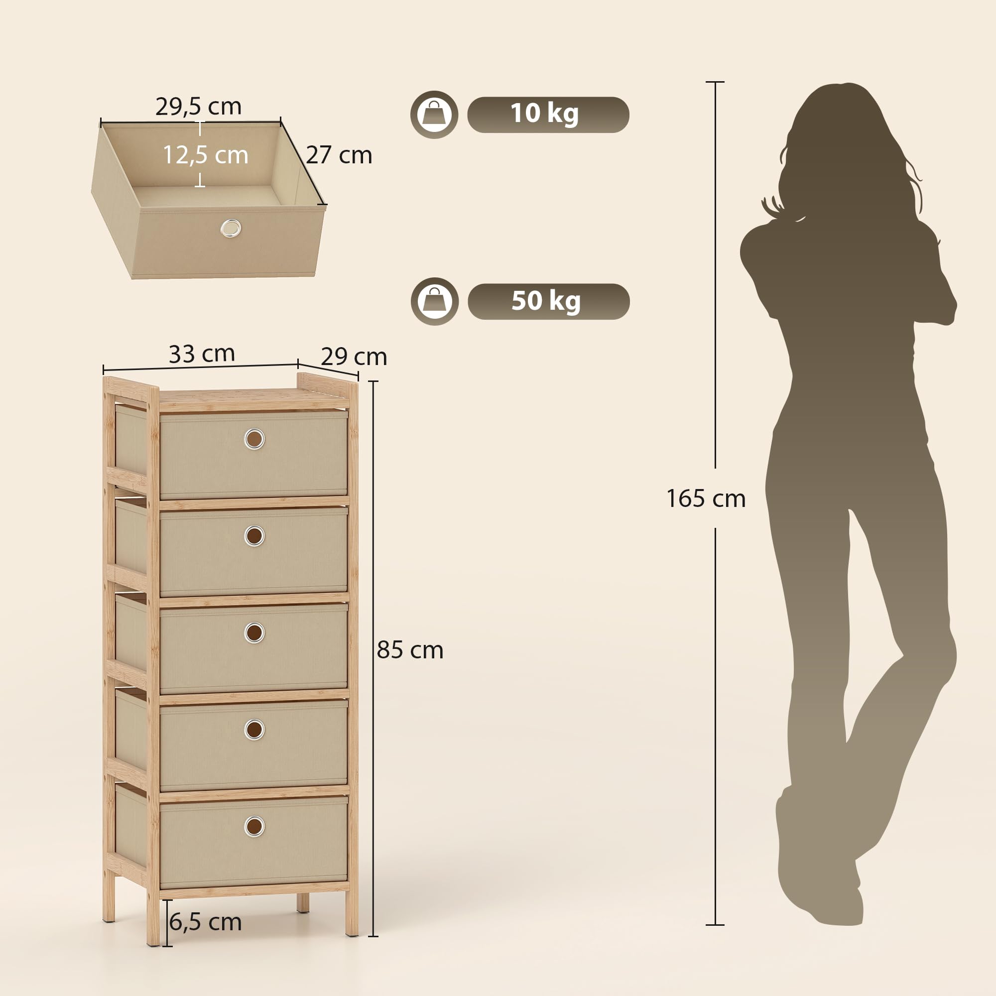HOMCOM Cómoda con 5 Cajones de Tela, Cómoda para Dormitorio de Bambú, Cajonera para Espacios Pequeños, Salón, Oficina, Vestidor, Crema y Natural