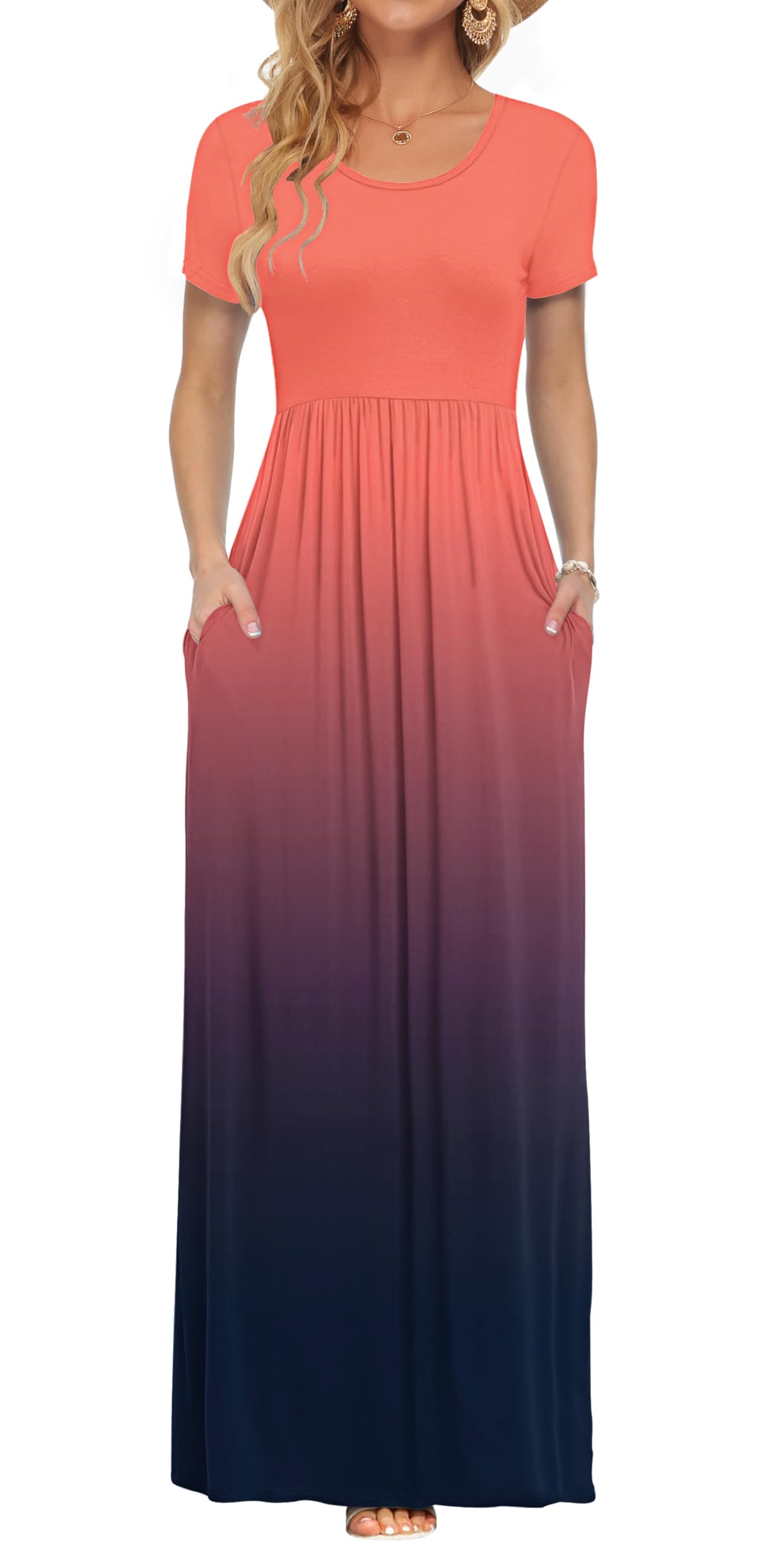 AUSELILY Women's Summer Short Sleeve Loose Plain Casual Long Maxi Dresses | Year Round wear solid floral print, Casual wear, Empire waist, Floor length, Side pockets