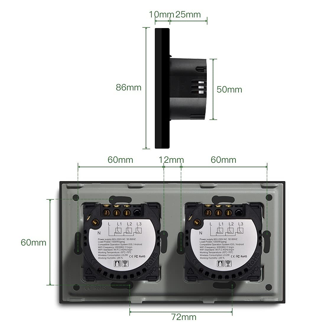 Interruptor Inteligente,Interruptor Persianas Wifi WIFI Cortina 157 mm interruptor de cortina de luz blanca negro Golden Crystal Class Clase Switch Trabajo(White 1 Piece)