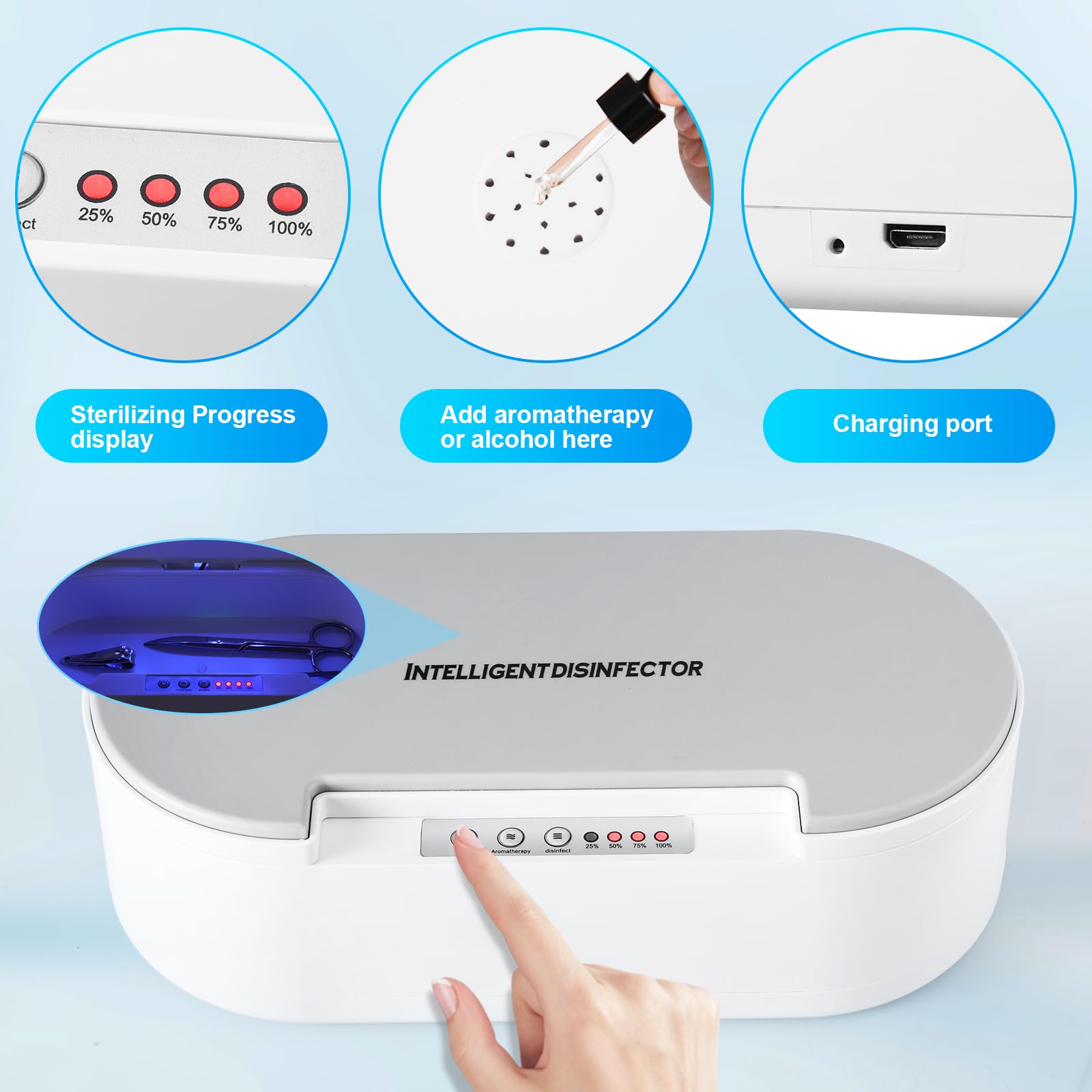 Przenośne narzędzie sterylizator USB, niebieskie światło sterylizacja pudełko do salonu manicure, pęseta, tatuaż, nożyczki, biżuteria, telefon, zegarek, klucze