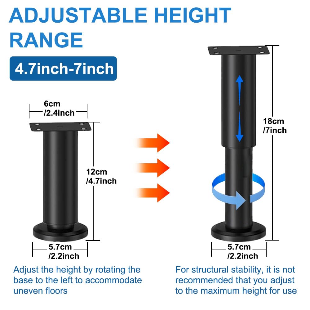 Eleechen 4 Pcs Bed Legs Adjustable, 4.7-7inch (12-18cm) Furniture Leg Table Legs - Image 2