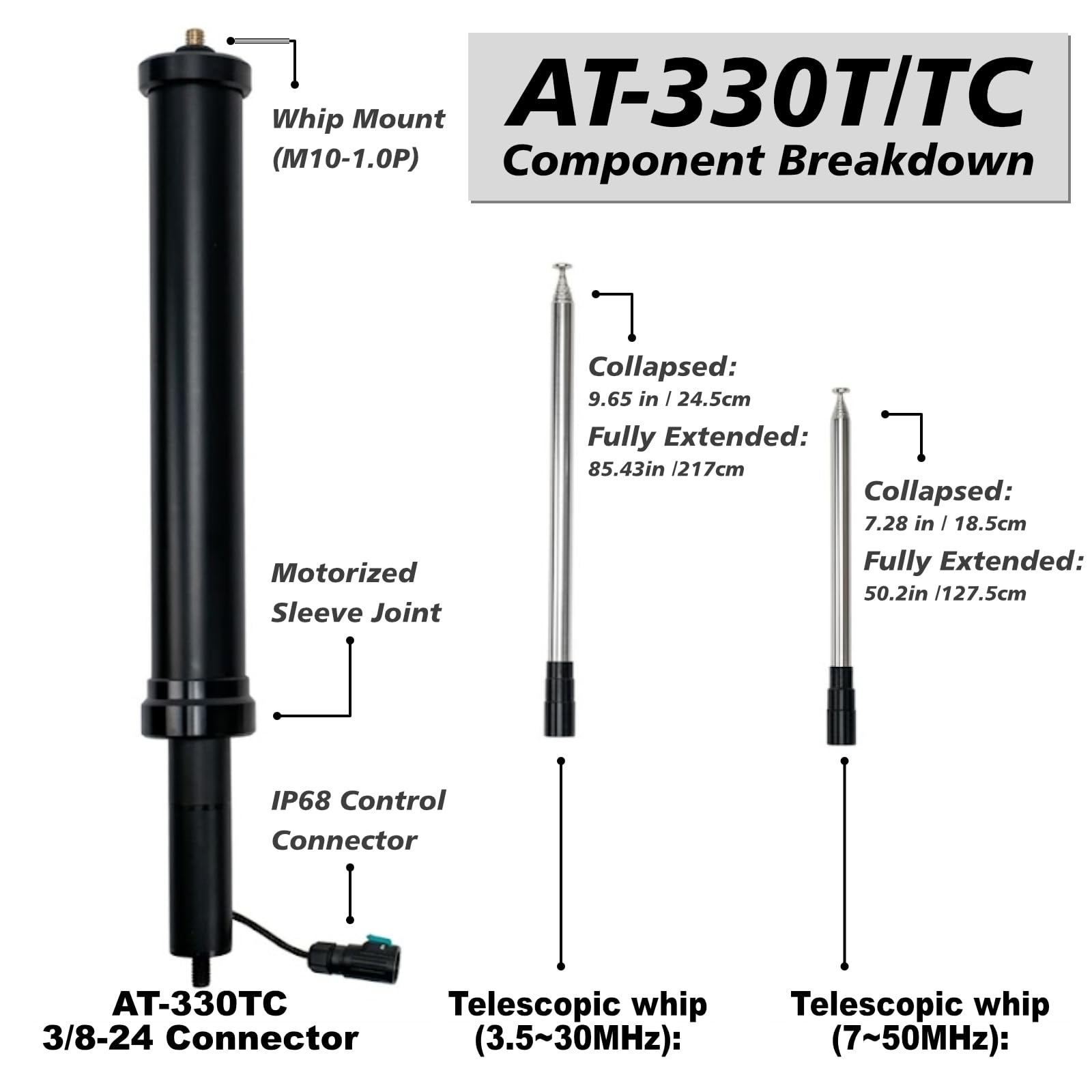 Antena Móvil HF Programable 3.5-50MHz GRA-AT330T, Sistema de Destornillador Motorizado para Soporte de Radio Amateur - Conector UHF