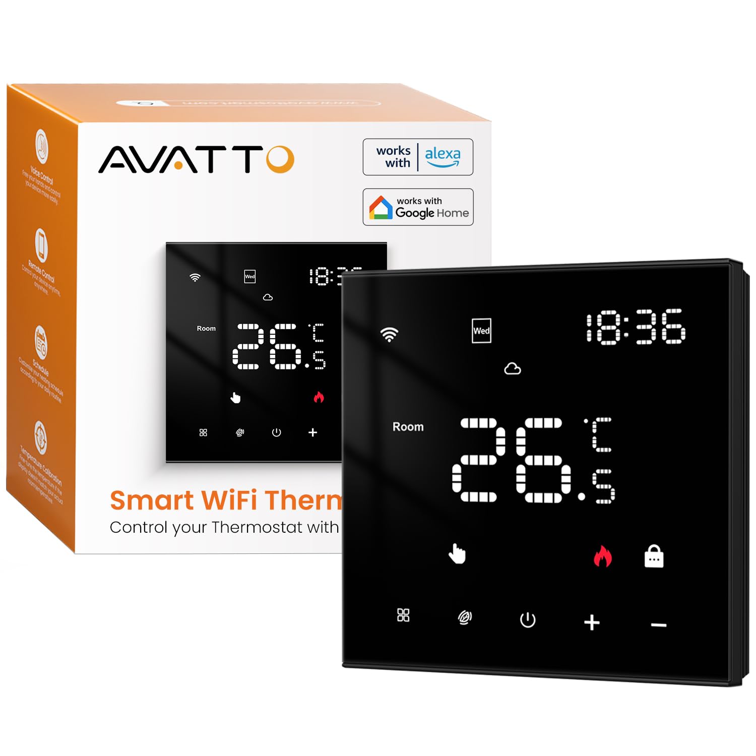 AVATTO Smart WiFi Thermostat Programmierbares Raumthermostat mit Alexa & Google-Sprachsteuerung und App-Steuerung für Wasser Fußbodenheizung, Schwarz