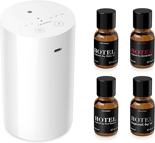 Airversa Kit de iniciación de difusor de aceite esencial sin agua con 4 x 0.3 fl oz de aceite de fragancia de hotel, funciona con baterías, mini