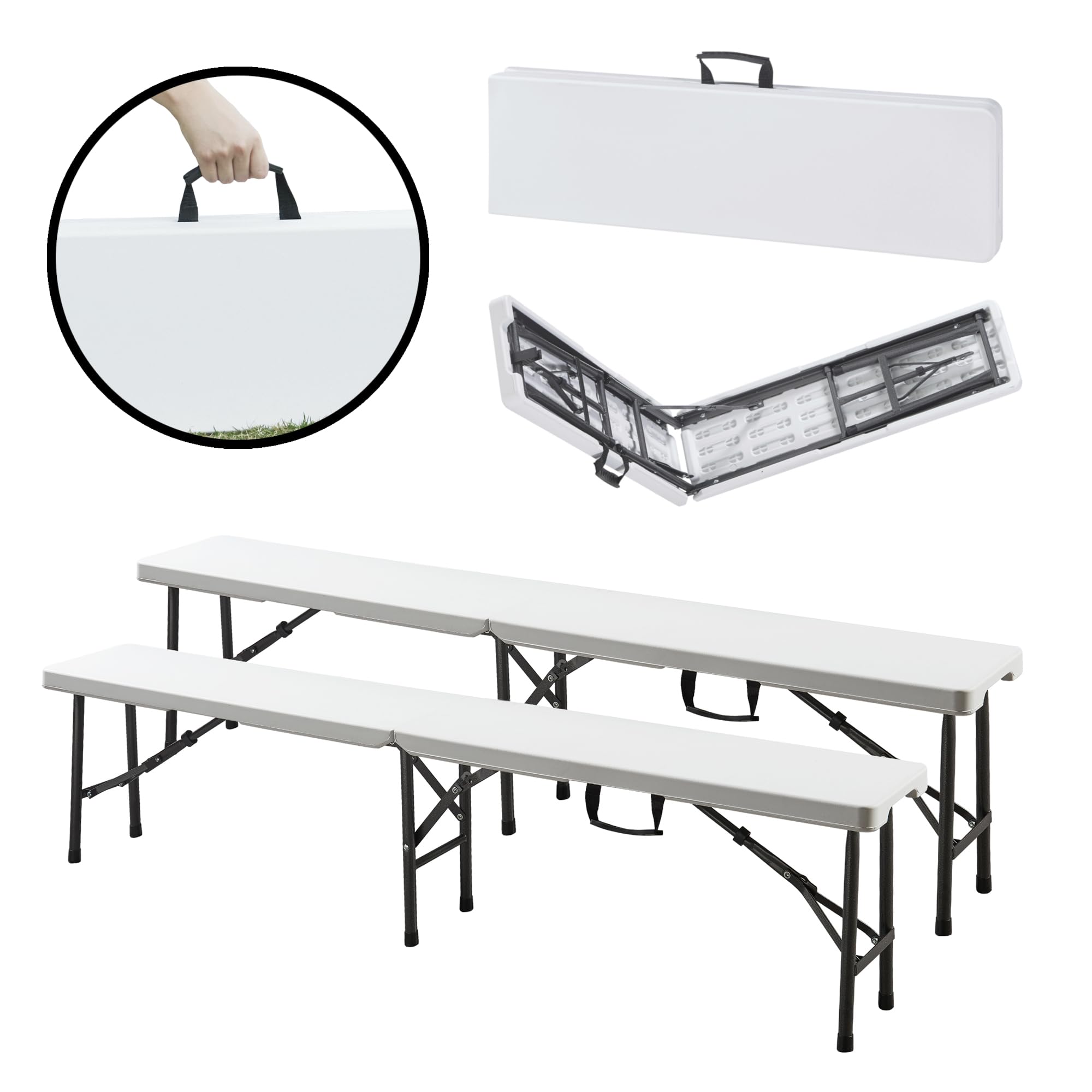 [en.casa] Lot de 2 Bancs de Camping Pliables pour Extérieur Festivals Pique-Nique Banc Pliant pour 4 Personnes avec Poignée de Transport Métal HDPE 180 x 25 x 43 cm Blanc