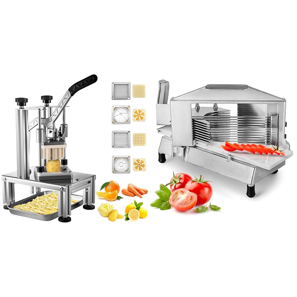 VEVOR Commercial French Fry Cutter with 4 Replacement Blades, 1/4" and 3/8" & VEVOR Commercial Tomato Slicer 1/4" Heavy Duty Cutter with Built-in Cutting Board for Restaurant or Home Use