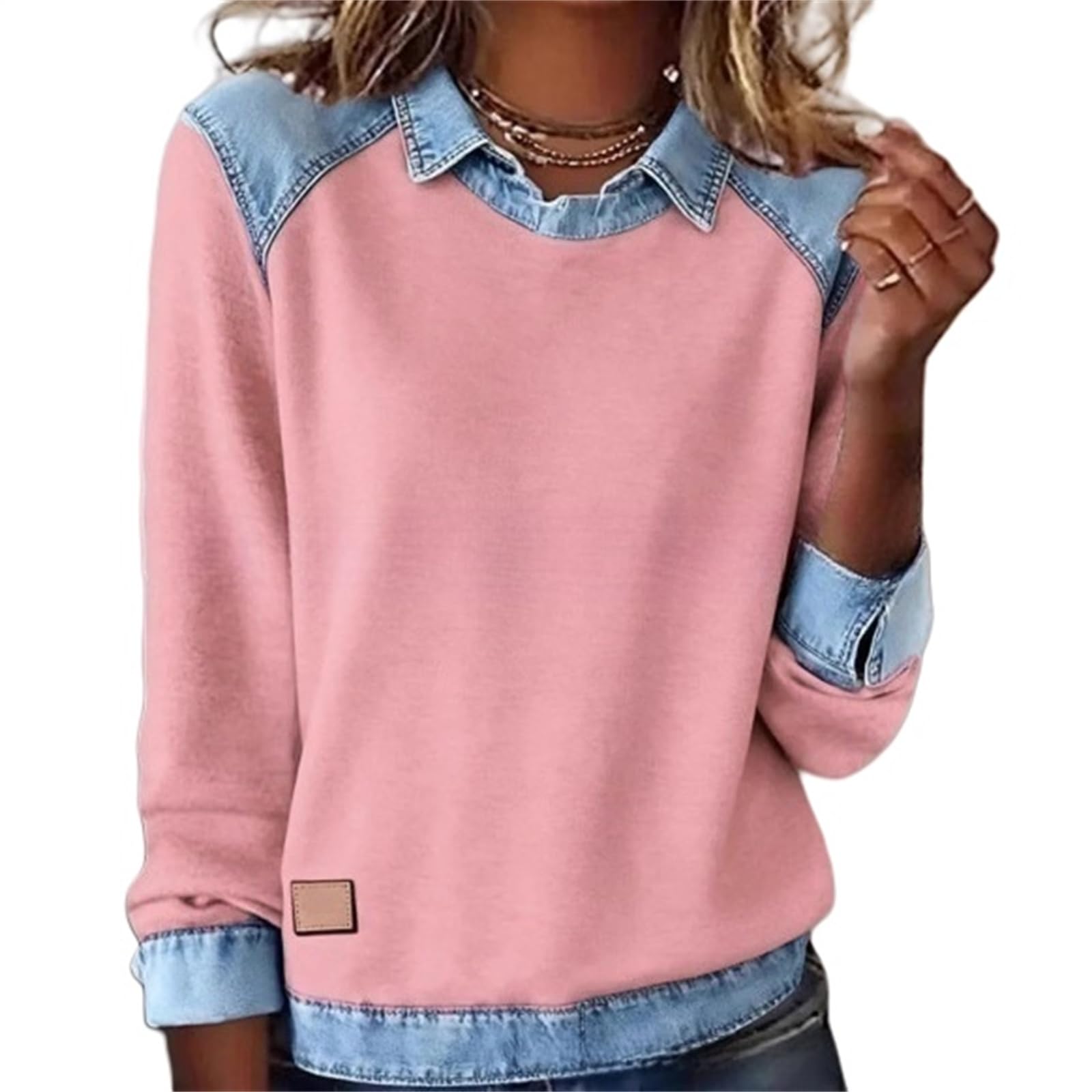 Damskie jeansowe patchworkowe bluzy, kołnierz patchworkowa bluza z przeszyciem, damska świąteczna koszula patchworkowa