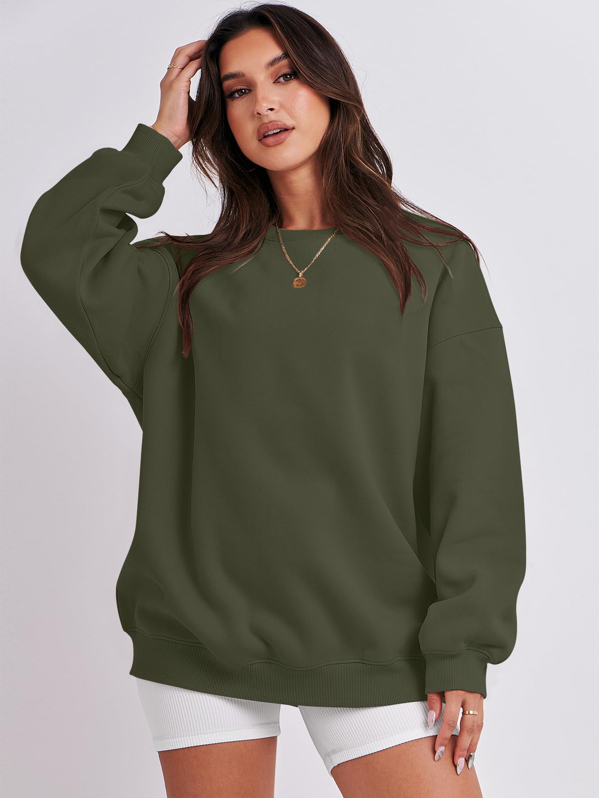 Damskie bluzy oversize bluzy z kapturem polar okrągły dekolt sweter top codzienne jesienne stroje preppy ubrania nastolatki 2024 A1019 światło, Jeden kolor, Army Green_XL