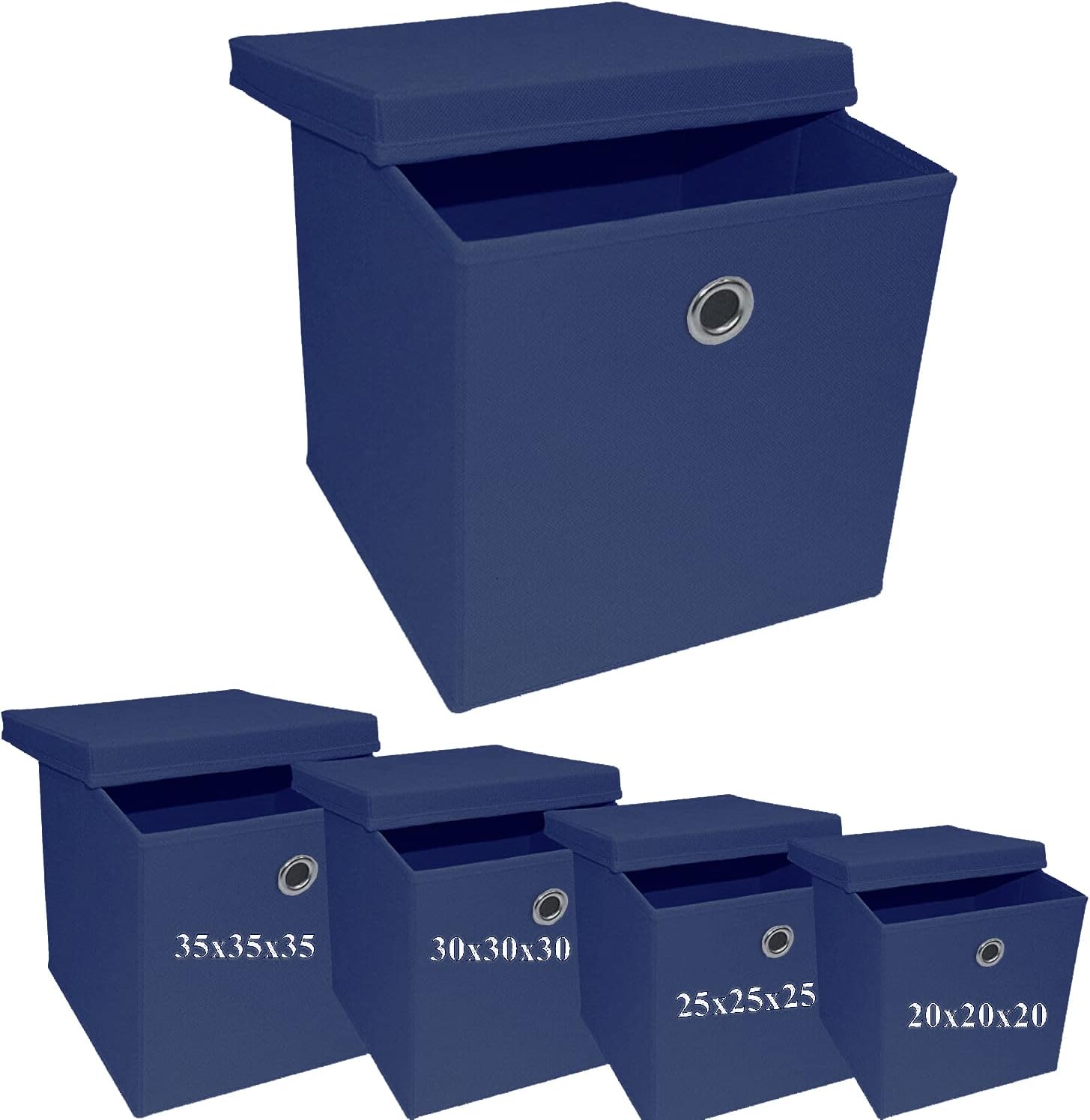A406 2x Foldable Storage Boxes with Lid Storage Basket with Lid Fabric Cubes with Handles Collapsible Fabric Organiser Clothes Storage Box (Large-30x30x30cm, Navy)